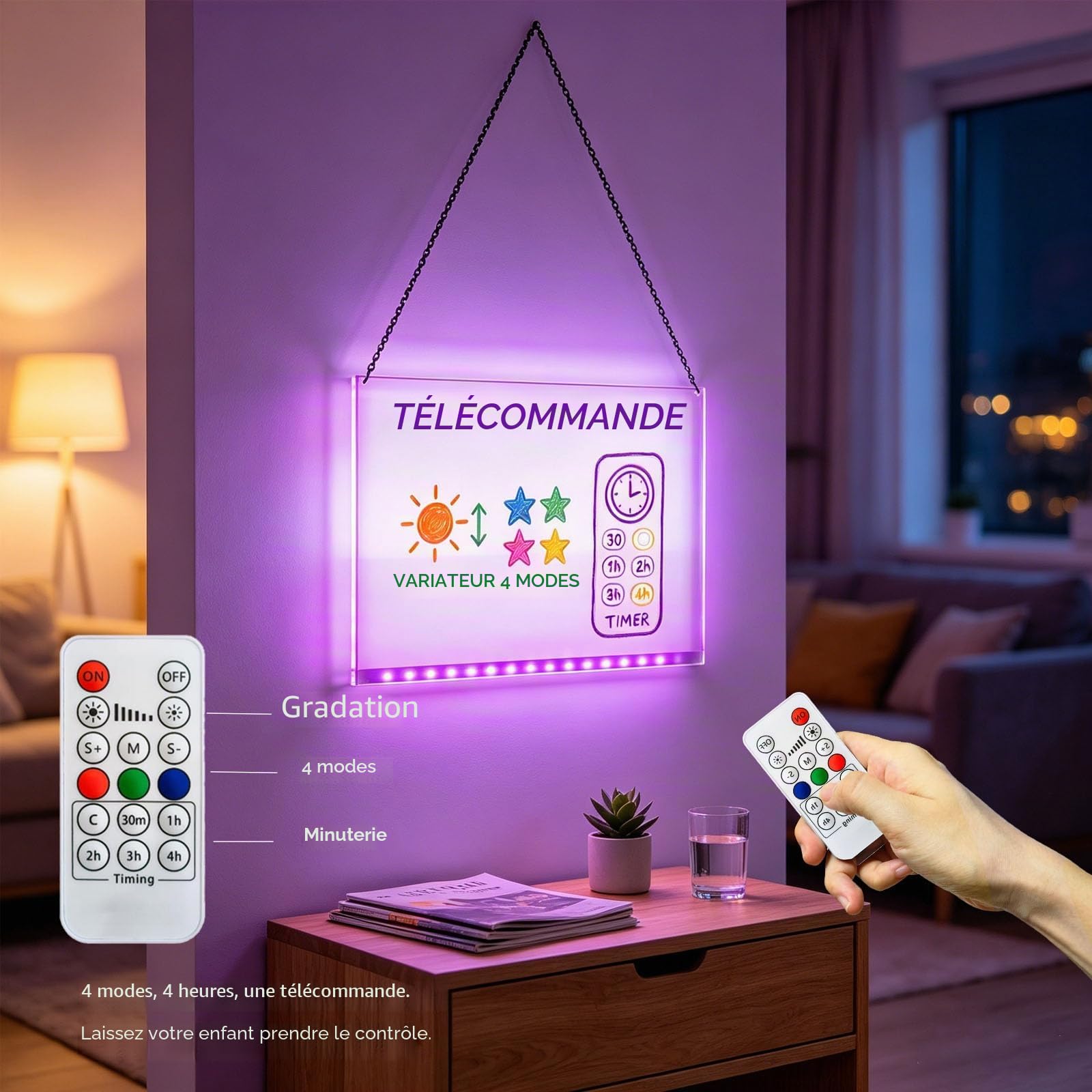 Yan-tech Tableau de Planification réutilisable avec veilleuse LED Lumineuse Transparente 15,7 x 11,81 Pouces Tableau effaçable à Sec Produits Scolaires de Bureau Télécommande de Bureau 7 Couleurs