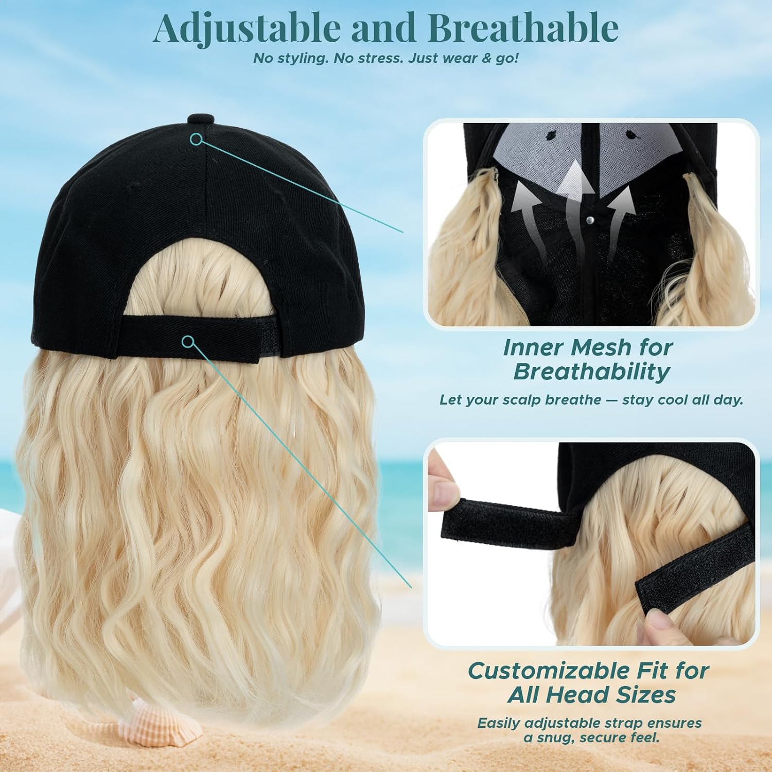 MY-LADY Hat Wig Hat with Hair Attached for Women Baseball Cap with Hair Extensions Adjustable Short Wavy Synthetic Hairpiece 8" Black Cap to 613