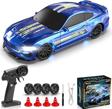 RC Drift Car 1/43 Scale Mini RC Drift Cars with Gyro, 4WD Full Proporitonal High Speed Remote Control Car with LED Lights and Drifting Tires Hobby Racing Cars for Adults Kids Boys Girl, Blue