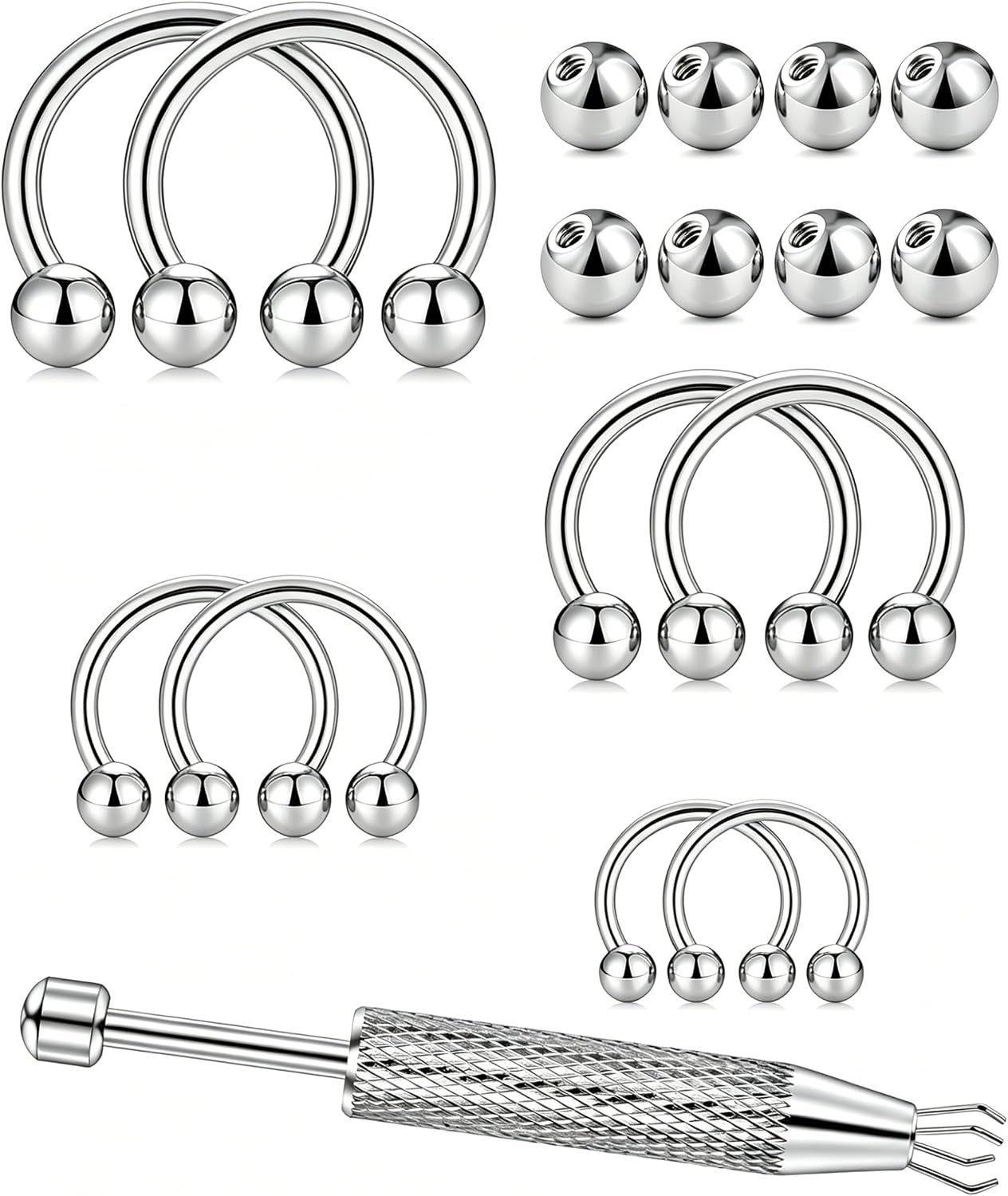 Oufksiyy 16G Horseshoe Septum Rings 6/8/10/12mm with Tool & Ball Grabber,Hypoallergenic for Nose,Rook,Cartilage,Helix,Lips-Silver Gold 316L Surgical Steel Septum Piercing jewelry