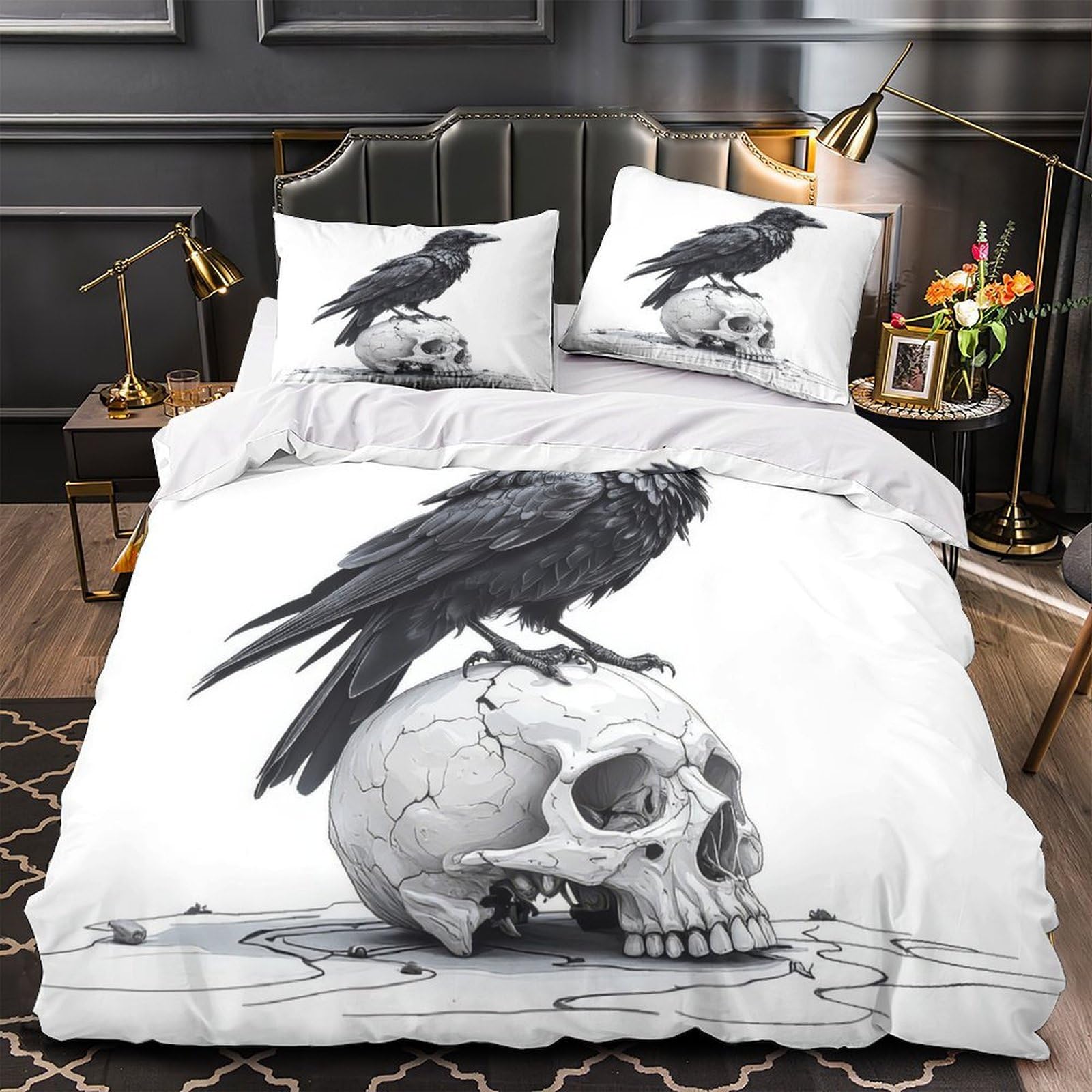 Parure de lit corbeau gothique 140x200 avec housse de couette en microfibre