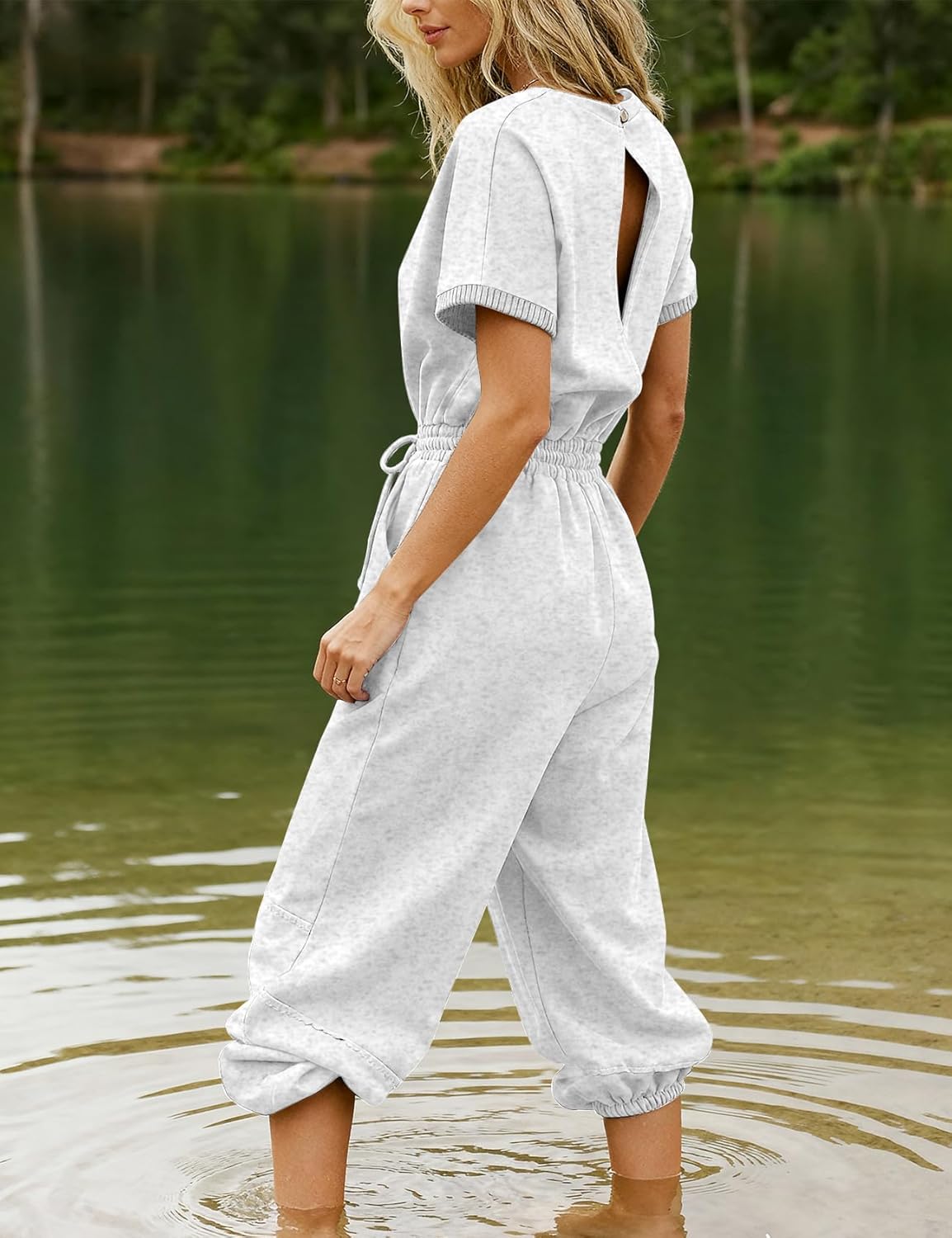 Flygo One Piece Jumpsuits for Women Crewneck Short Sleeve Casual Wide Leg Long Pants Drawstring Rompers Outfits with Pockets - Image 3