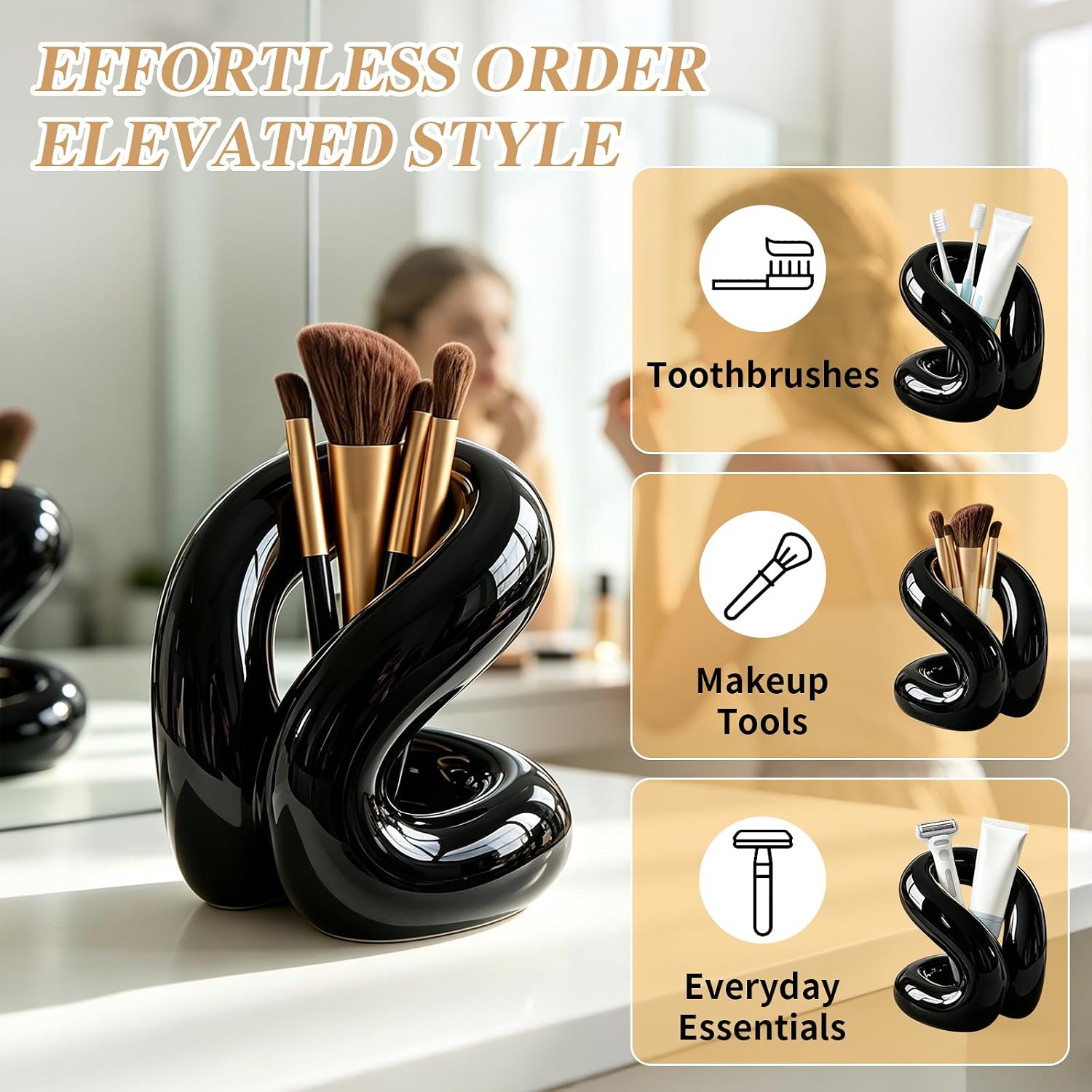 Bathroom Ceramics Toothbrush Holder Rope Knots Tooth Brushes Storage,Black