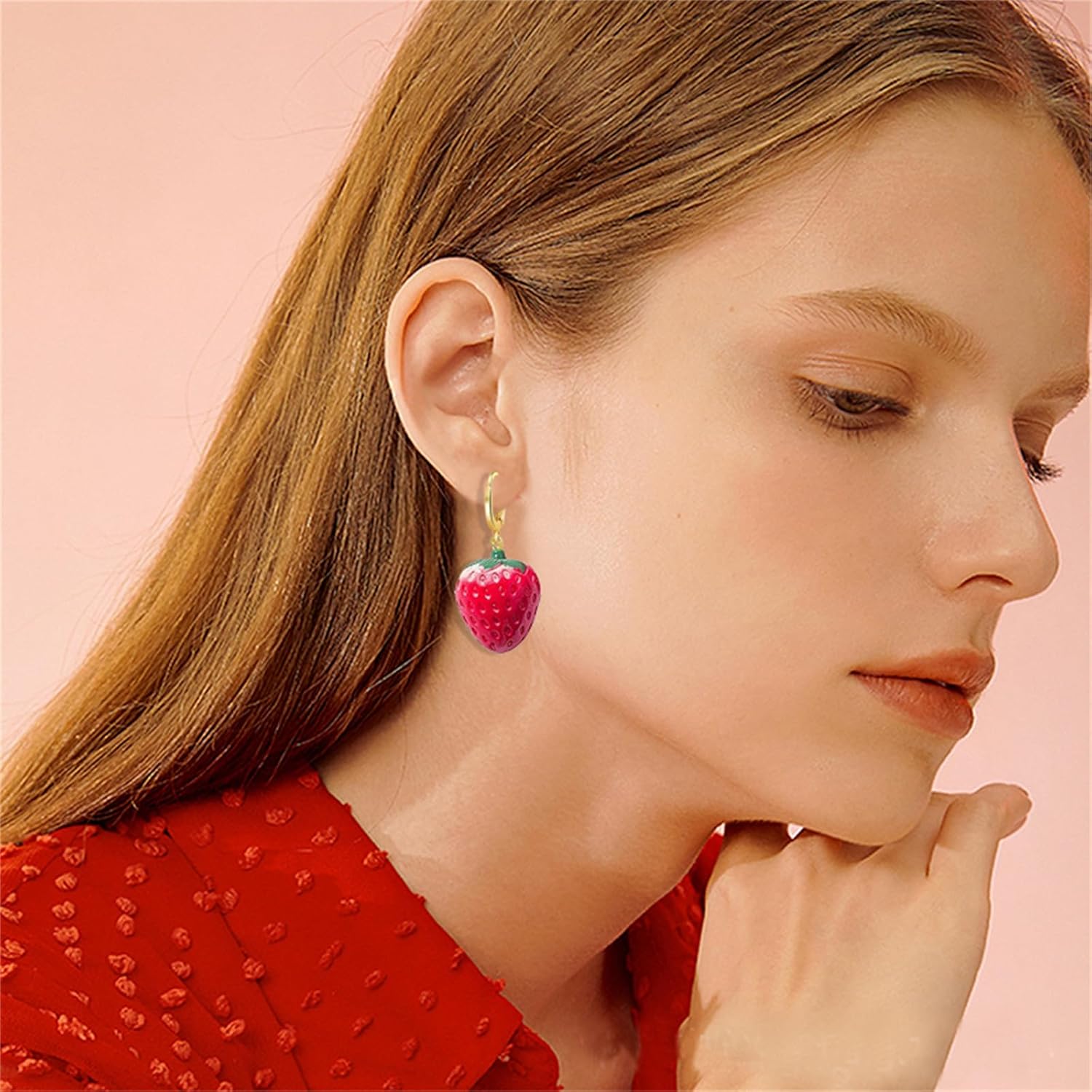 Dreuyet Sweet Strawberry Earrings for Women Creative 3D Simulated Fruit Hoop Earrings Funny Lifelike Red Strawberry Drop Dangle Earring Summer Jewelry - Image 2