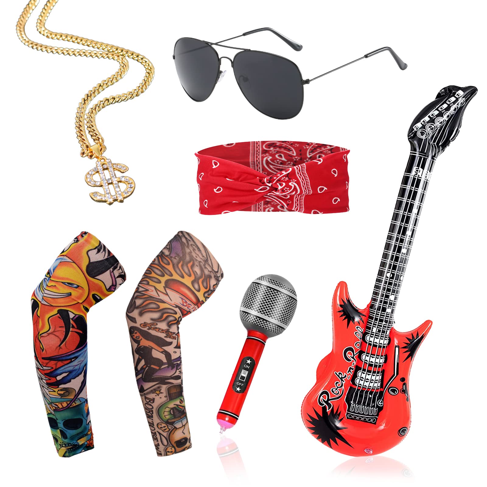 VIKSAUN 7 Pcs Rocker Fancy Dress Accessories, 70s 80s 90s Punk Gothic Rocker Kit, Retro Sunglasses Gloves Bandana Fake Tattoo Sleeves Necklace Inflatable Guitar for Halloween Disco Party (7 Pcs)