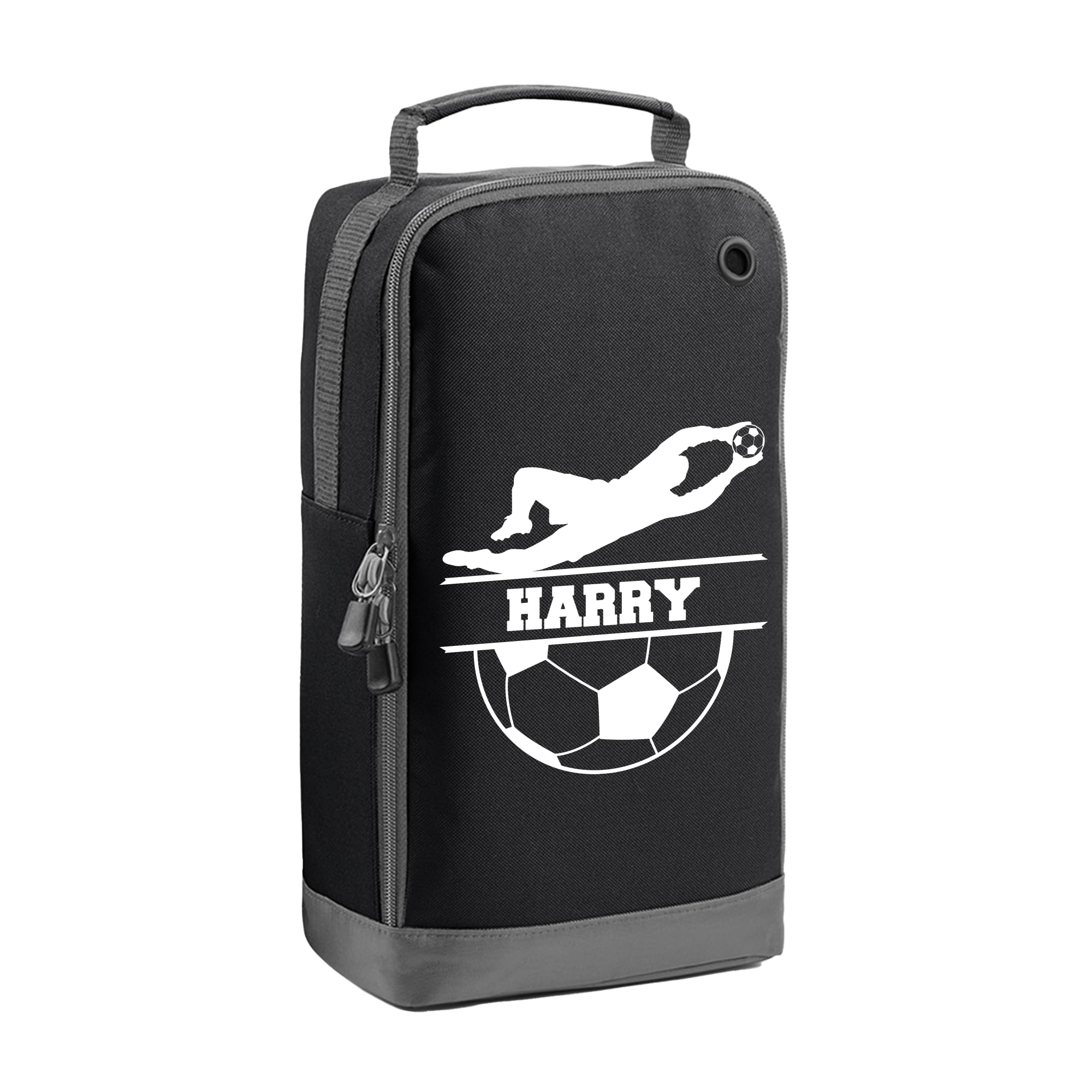 Personalised Kids Boot Bag with Custom Name - Goalkeeper Design - Black Shoe Bag for PE & School