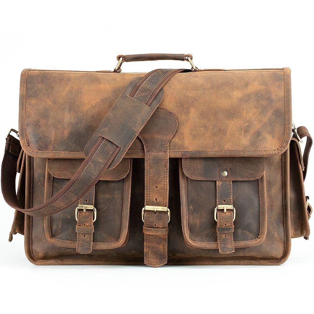 Ruzioon Leder-Kuriertasche für Damen und Herren, Leder, Laptop-Aktentasche, Ledertasche, für Büro und Business, braun, Large