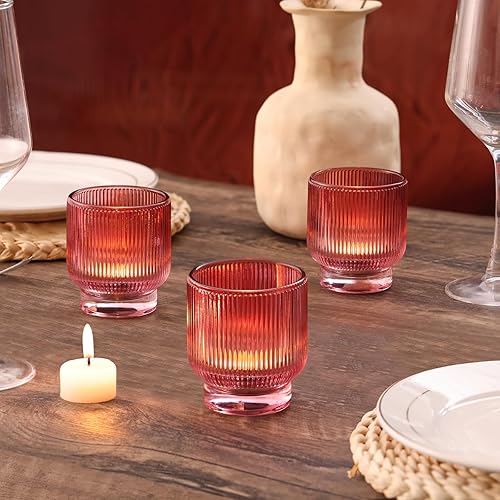 Miniatura 6 de Juego de 6 portavelas votivas rojas de 6 a 2.55 x 3 pulgadas, candelabros de cristal con elegante diseño acanalado, grandes soportes votivos para