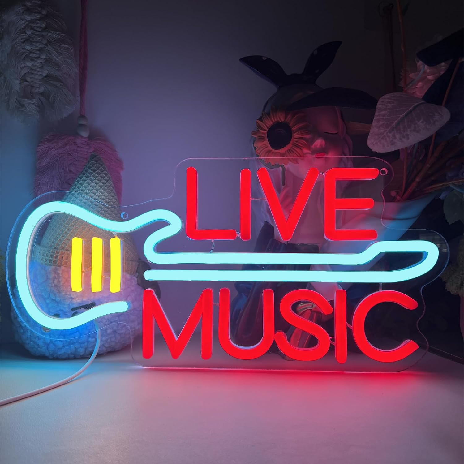 LIVE MUSIC Neon Sign Electric Guitar Design - Retro Music Decor for Wall Art - Neon Light with Acrylic Backing for Bar, Livehouse, Music Studio, Bedroom, Party Atmosphere (15.7x7.5inch)