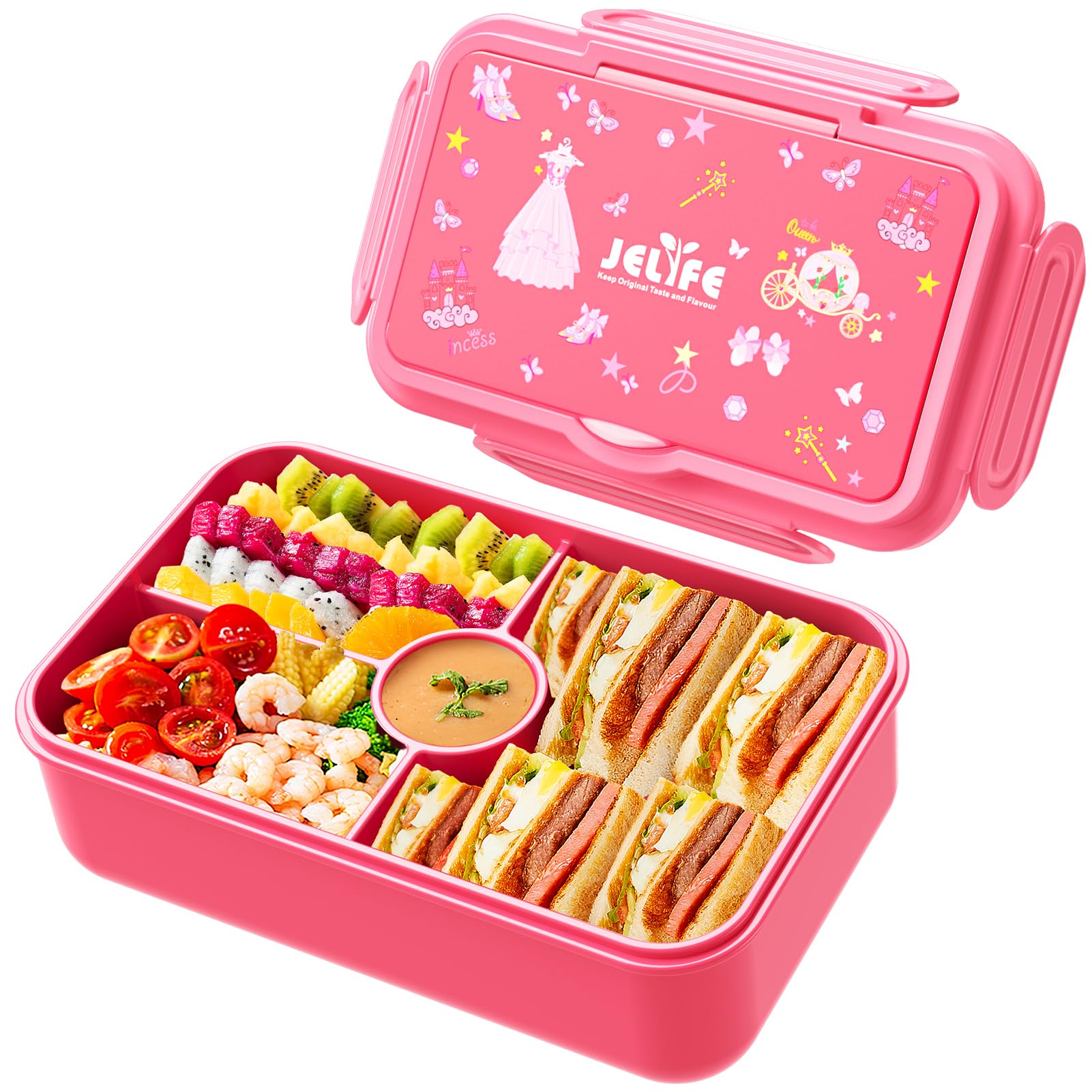Jelife Girls Bento Box - Kids Prints Leak-Proof, 4-Compartments Large Bento-Style Kids Lunch Box with Tableware for Back to School, Reusable On-the-Go Meal and Snack Packing Lunch Containers, Princess