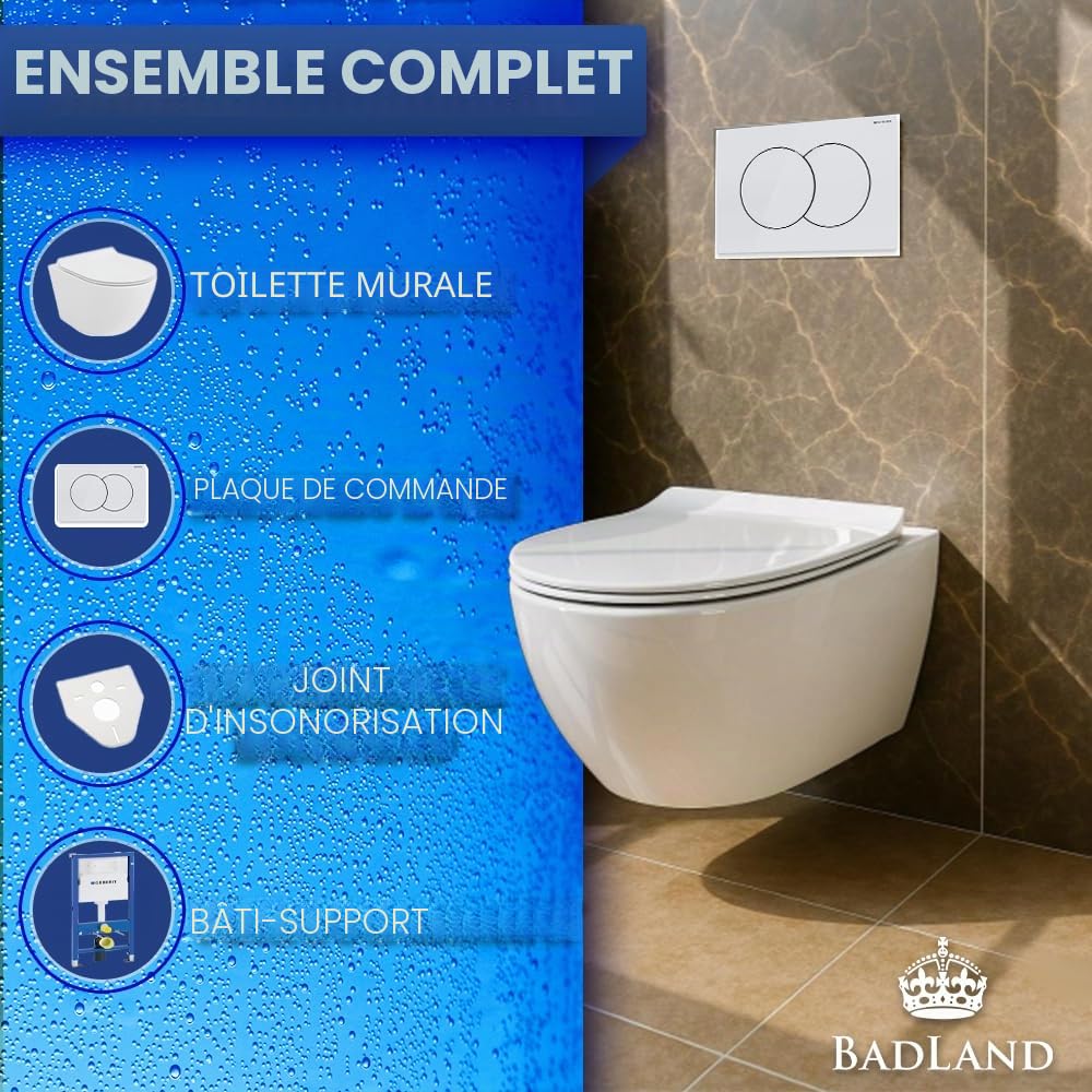 BADLAND Kit WC Geberit Duofix Basic UP 100 avec panneau de protection et WC mural Desna Blanc + plaque d'actionnement Delta01 Blanc + abattant WC Slim Soft Close + tapis d'insonorisation