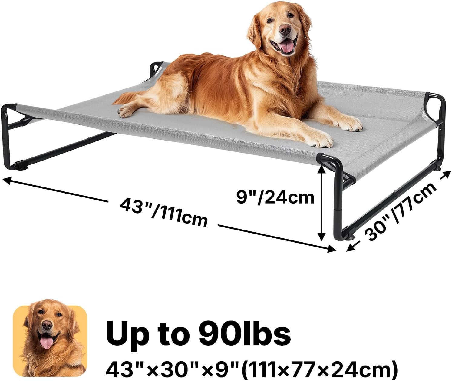 Veehoo Outdoor Elevated Dog Bed,Raised Dog Beds for Large Dogs, Washable Dog Cot with Headrest Sides, Non-Skid Feet, Breathable Mesh, Cooling Pet Hammock for Indoor or Camping, 42", Grey