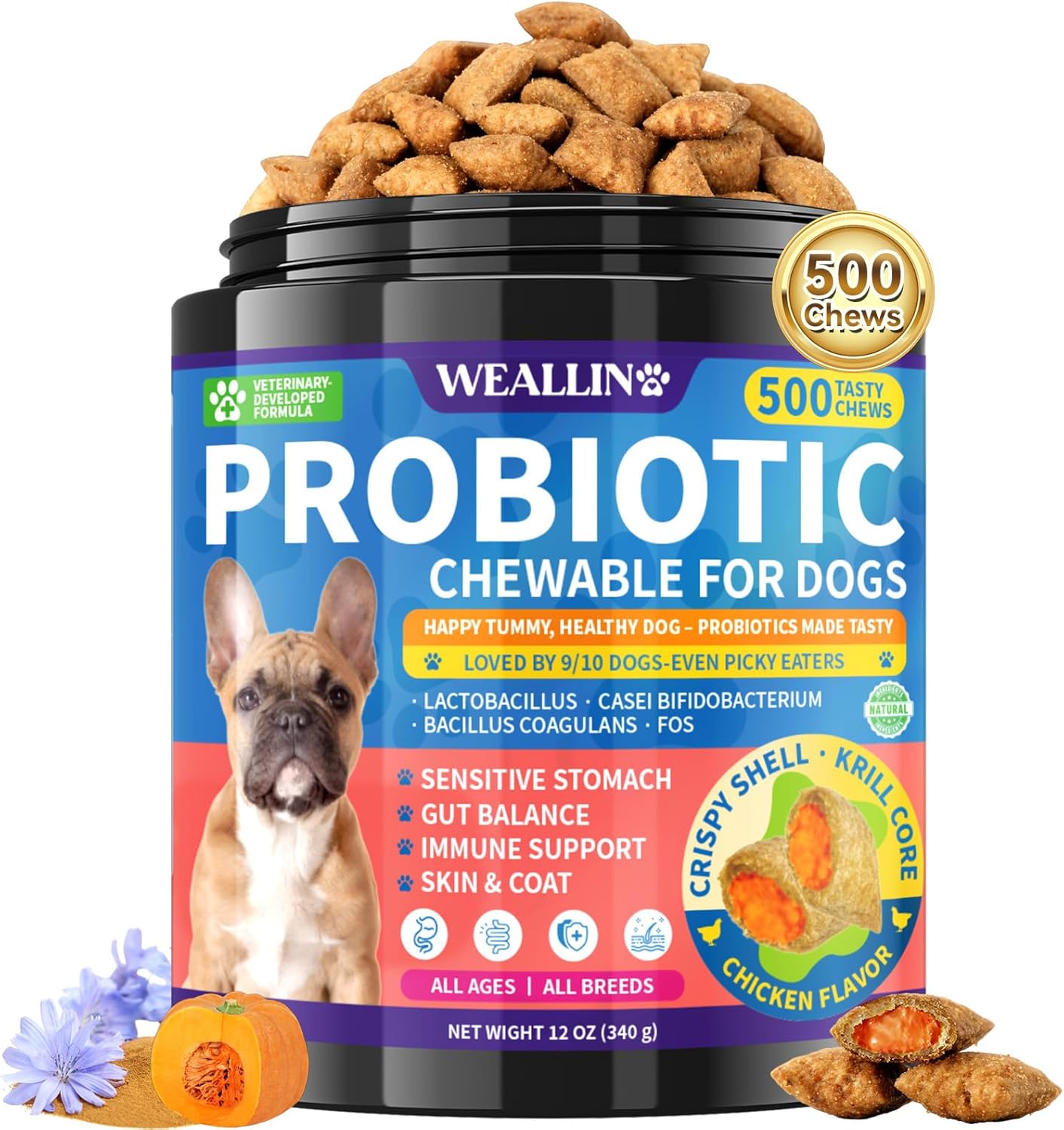 Dog Probiotics Chews for Sensitive Stomach Care, 500 Chews Crunchy Shell with Krill Core, Triple Probiotics & Prebiotics, Supports Digestion & Skin, Chicken Flavor, for All Breeds & Sizes Dogs