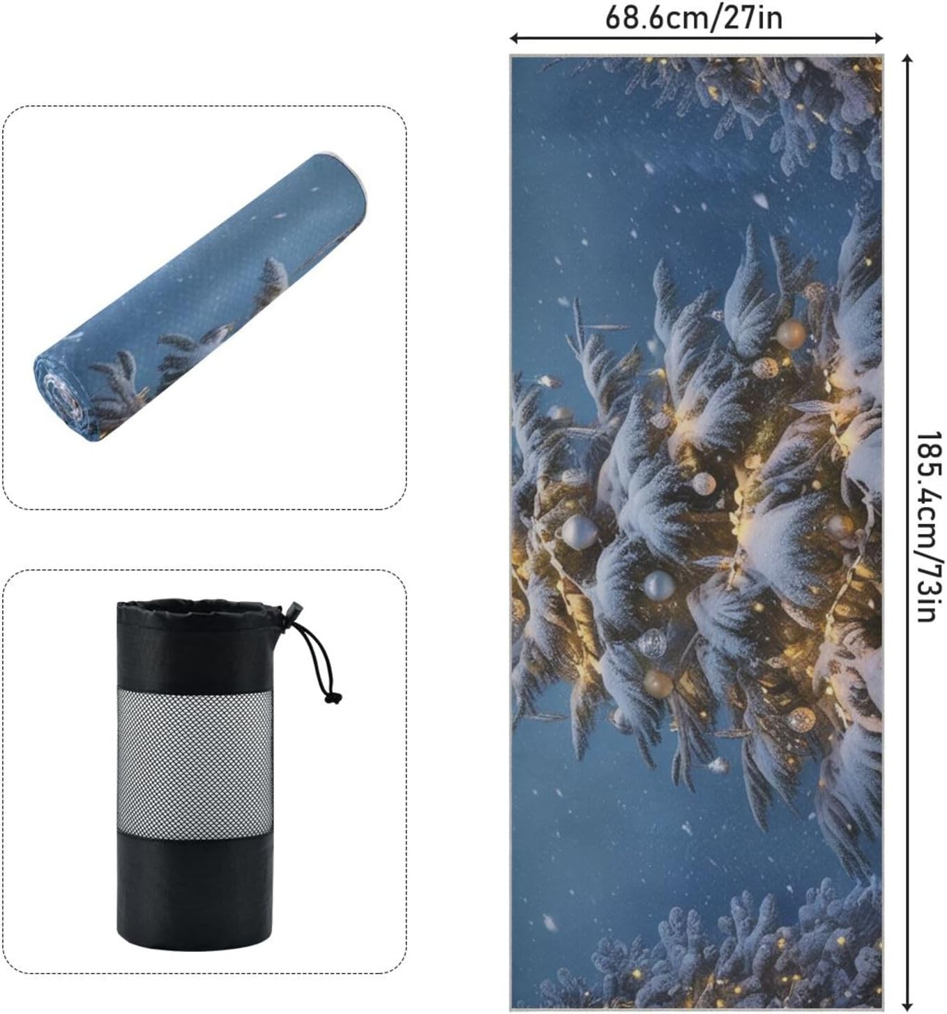 Yoga Mat Towel with Silicone Grip Dot Christmas Tree Snow Candle – 73"x27" Non-Slip Sweat Absorbent Microfiber Yoga Towel for Home Gym Studio