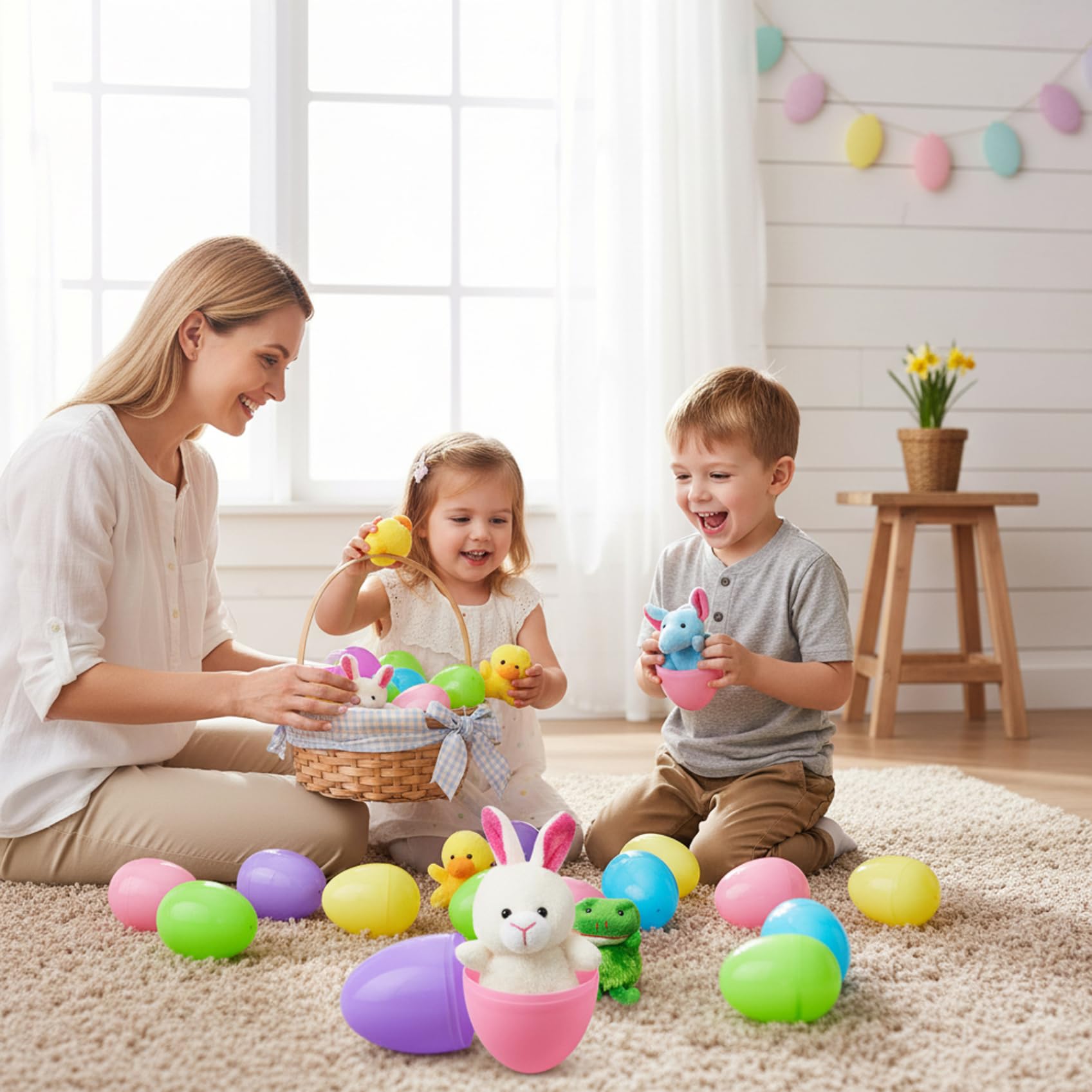 24 pièces de remplissage d'œufs de Pâques, œufs Pâques remplis plastique avec des animaux en peluche surprise pour enfants, paniers, cadeaux fête et vacances