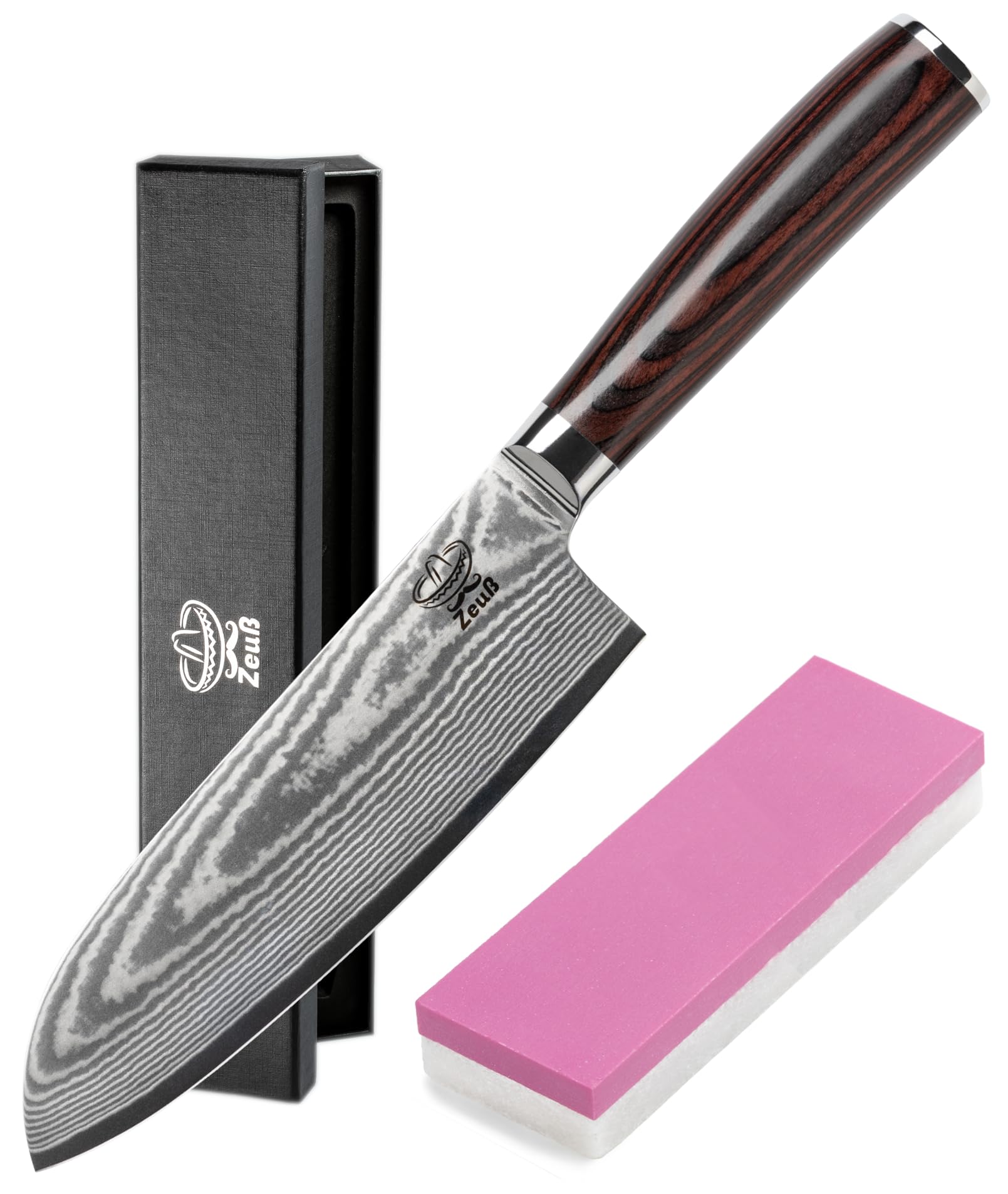 Damastmesser Santoku Messer XL (30 cm) TÜV geprüfter 62 HRC Damaststahl aus 67 Lagen I Damast-Küchenmesser Santokumesser mit Schleifstein Holzgriff Geschenkbox und Klingenschutz