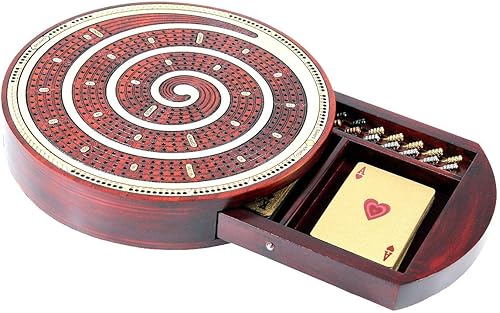 Miniatura 6 de House of Cribbage - Tabla de cuna con diseño en espiral, forma redonda, 4 pistas de arcemadera de sangre con lugar para zorrillos, esquinas y juegos