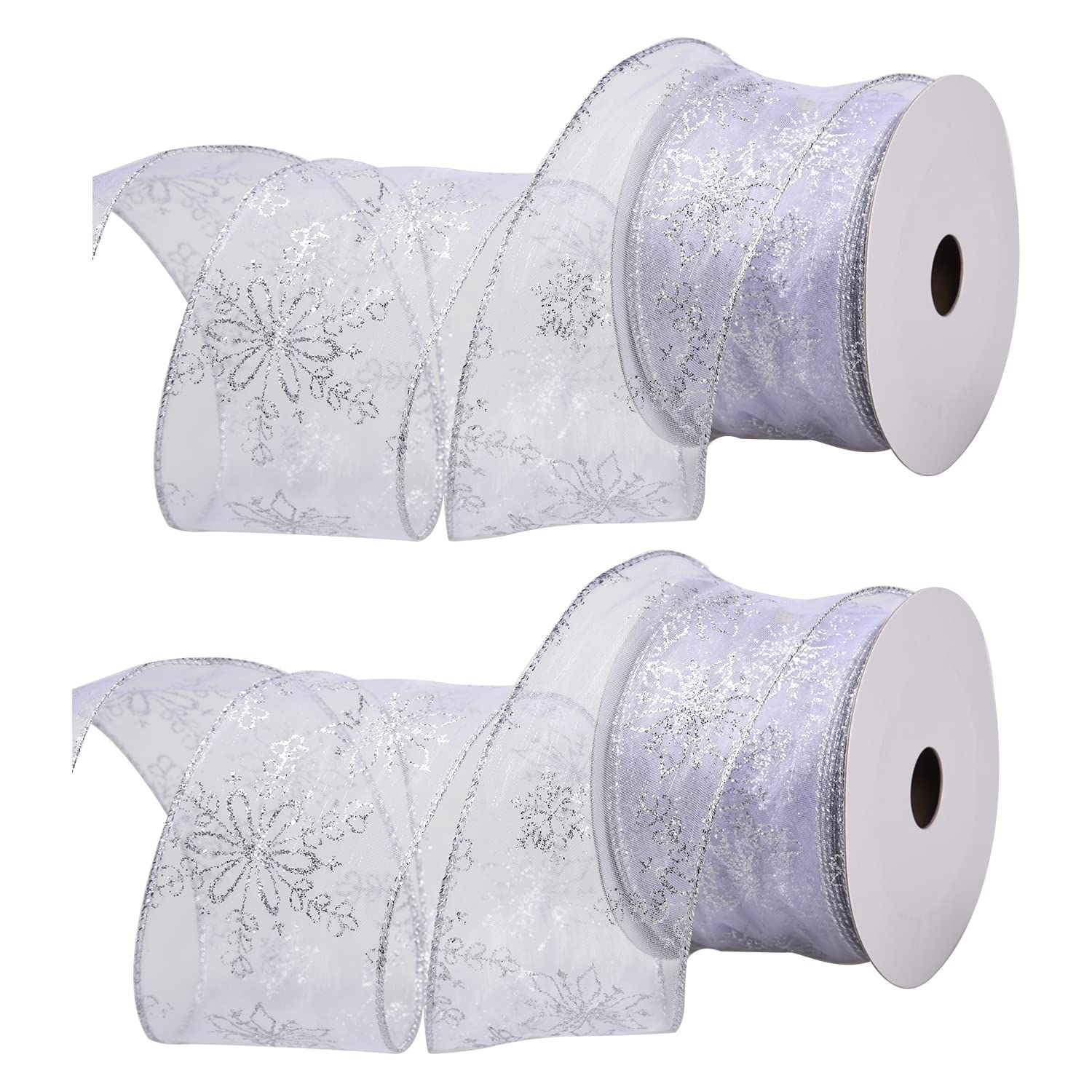 20M Christmas Snowflake Organza Ribbon Sheer Ribbon Wired Edge Craft Decorative Ribbon Roll for Gift Wrapping DIY Crafts