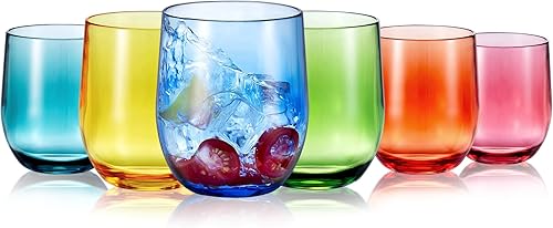 Copas de vino de plástico de 14 onzas sin tallo, vasos Arcílicos multiusos, juego de 6 multicolor, reutilizables, resistentes a las roturas, aptas