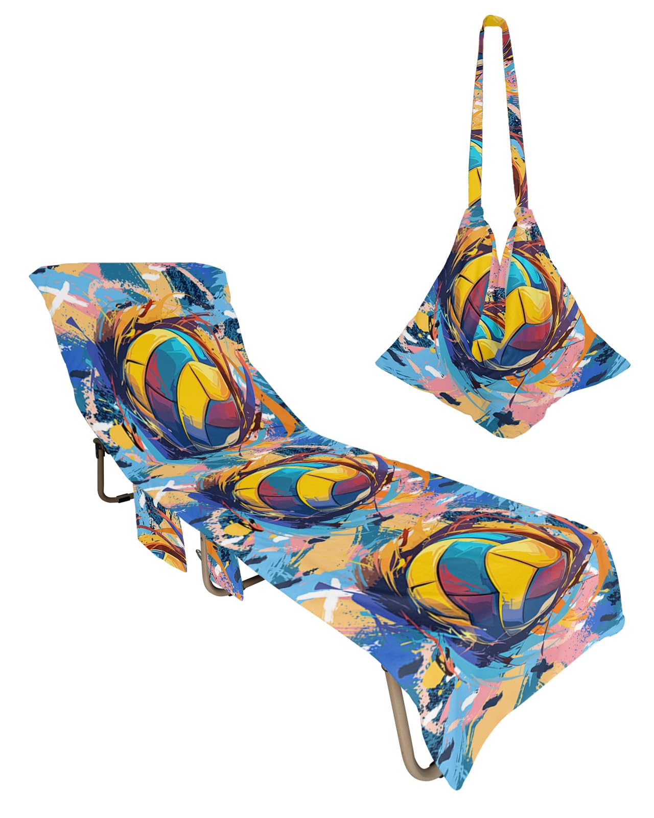 Volleyball Beach Lounge Chair Towel Cover, Soft Chaise Lounge Towel with Side Pockets Patio Pool Chairs Cover for Beach/Pool Sunbathing 29x85 Yellow Blue Pink Watercolor Abstract Art Sports