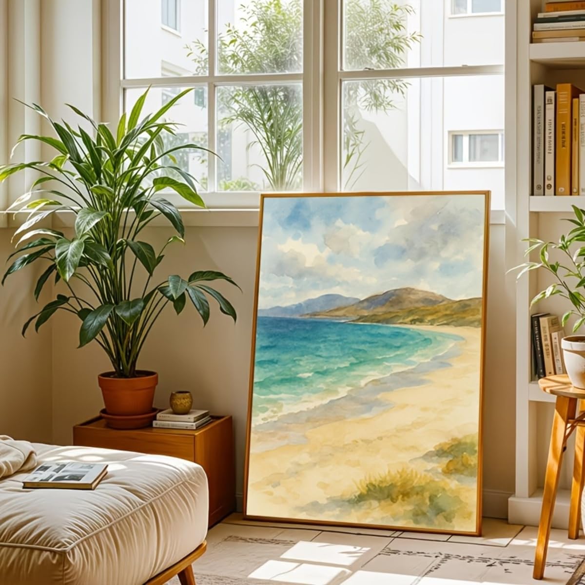IXEHOH Quadro su Tela Paesaggio Spiaggia Serena, Stampa Artistica Costa Oceano, Decorazione Parete Verticale Estetica per Soggiorno Camera da Letto Ufficio, Sabbia Blu 60x90cm