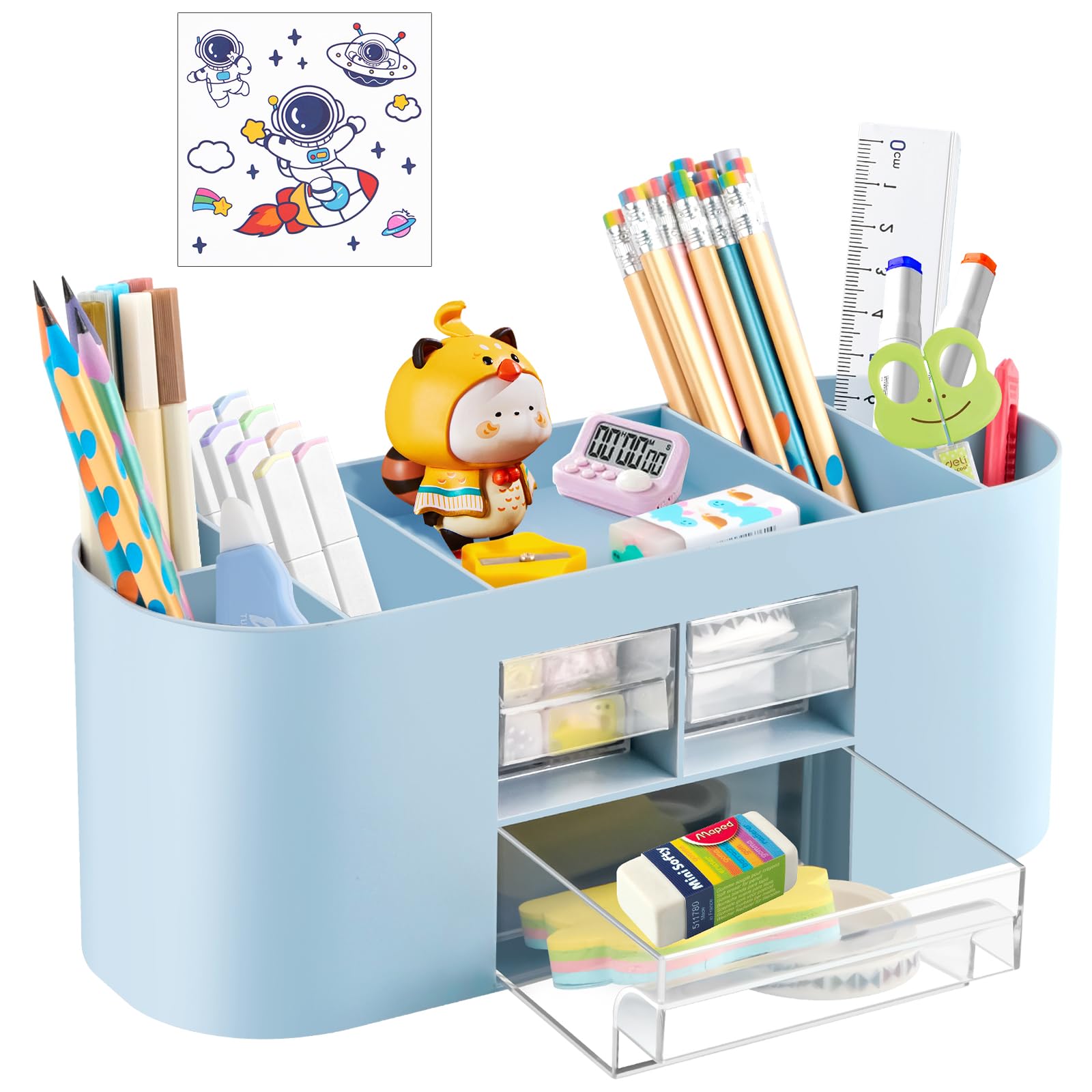 WuGU Organizador de Escritorio Creativo y Simple, Organizador de Mesa con 10 Compartimentos 2 Cajones, Lapiceros para Escritorio, Accesorios Escritorio, para Hogar, Oficina, Escuela (Azul)