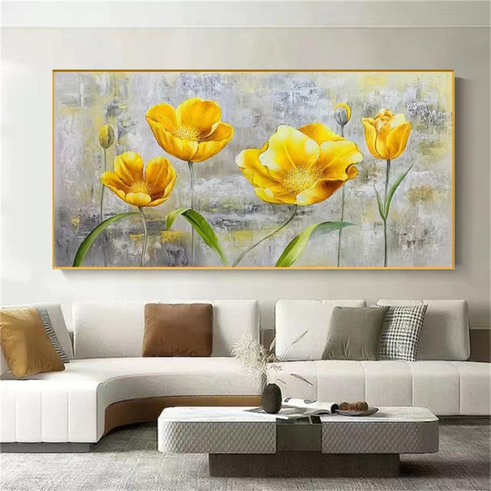 Impresiones enmarcadas de moda Decoración abstracta del hogar para la sala de estar - Pinturas al óleo de flores sobre lienzo Imagen de arte de pared grande 20x40cm (8x16in) con marco