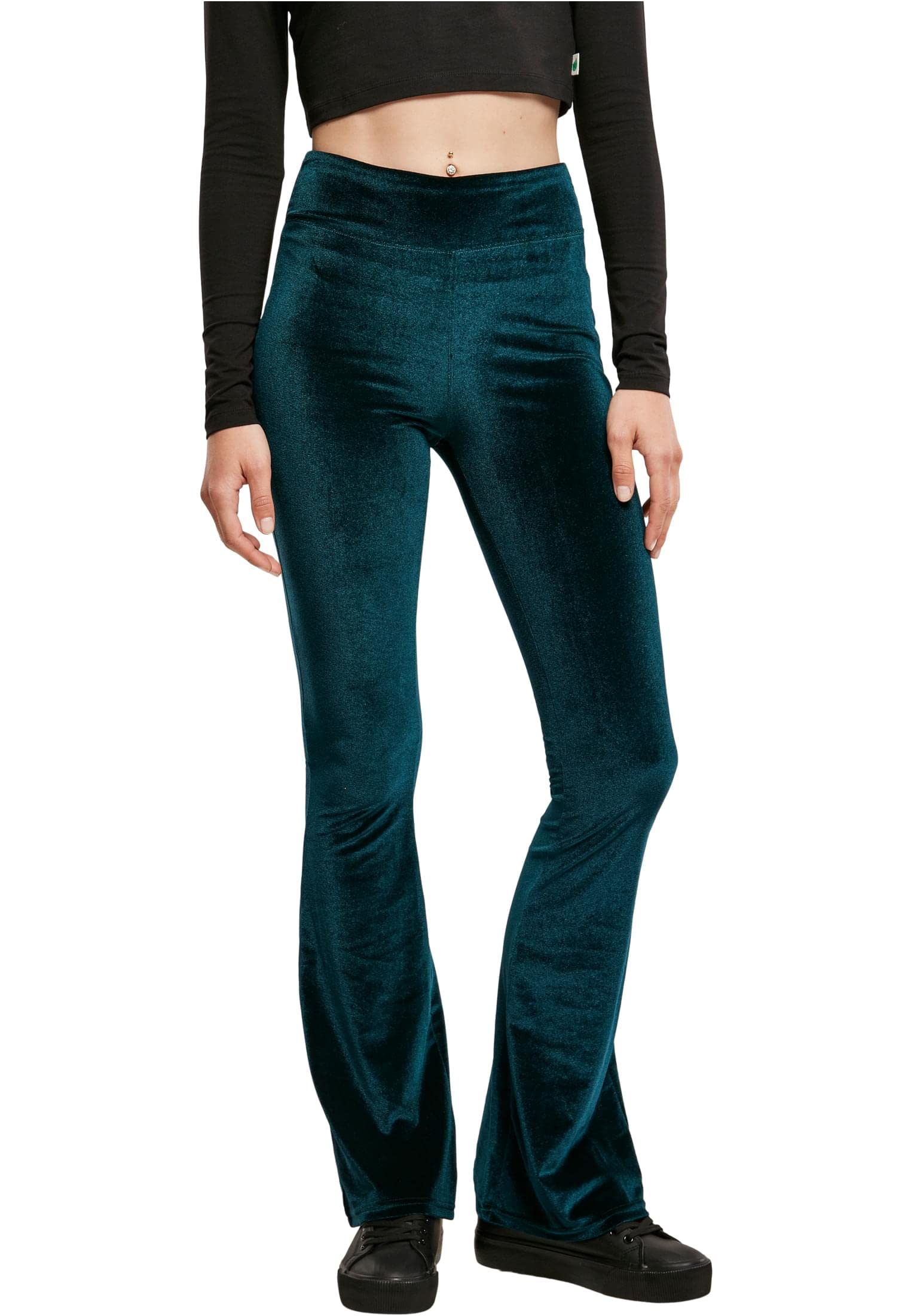 Urban Classics Leggings Velvet Boot Cut Damen Leggings – Petrol, High Waist, Lang, Normaler Bund, Größe L