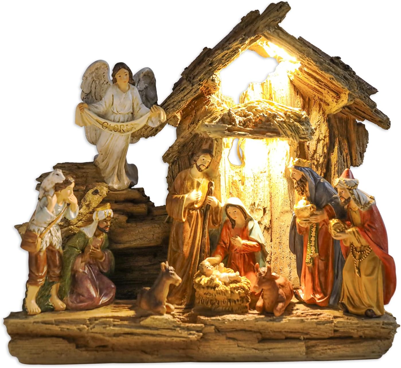 Mumtop Nativity Set with Manger, Resin Figurine with LED Lights, Christmas Scene Set for Tabletop Holidays Home Chapel Indoor Decorations