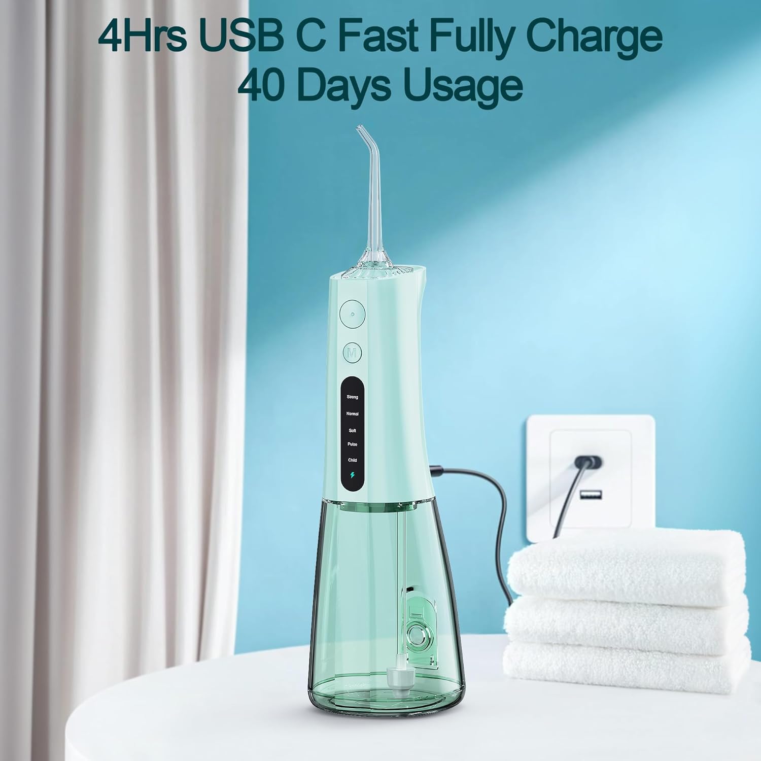 MOCEL Water Dental Flosser OLED Display Cordless Teeth Cleaning MOCEL 5 Modes Oral Irrigator 300ML Portable and USB C Rechargeable IPX7 Waterproof Floss Teeth Pick (Green)
