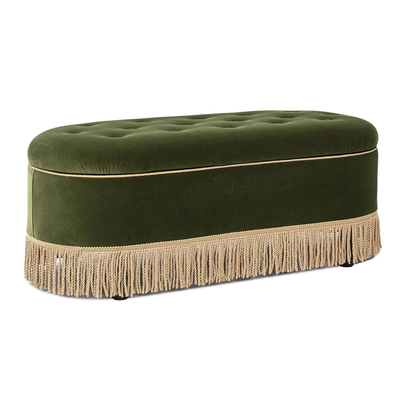 Jennifer Taylor Home Melinda 48.5" Oval Tufted Bullion Fringe Storage Bench, Olive Green Performance Velvet