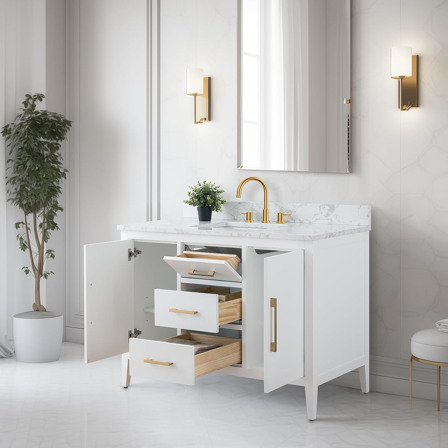 Vanity Art 48 inch Bathroom Vanity with Single Sink & Ceramic Top, Vanity Cabinet with Soft-Closing Doors, Drawers, Solid Wood Frame, White, Brushed Nickle Handware