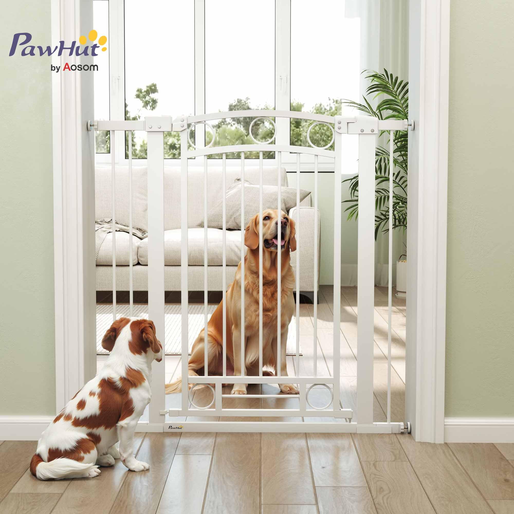 PawHut Cancelletto per cani con barriera di sicurezza per cani 76-104 cm Altezza 105 cm con 2 prolunghe 7/14 cm per scale e cancelli Bianco