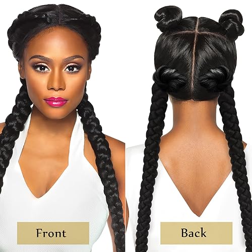 Miniatura 2 de Lurrose Pelucas trenzadas, extensiones de cola de caballo trenzadas, 2 piezas, extensiones de cabello negro lacio envolvente con banda para el