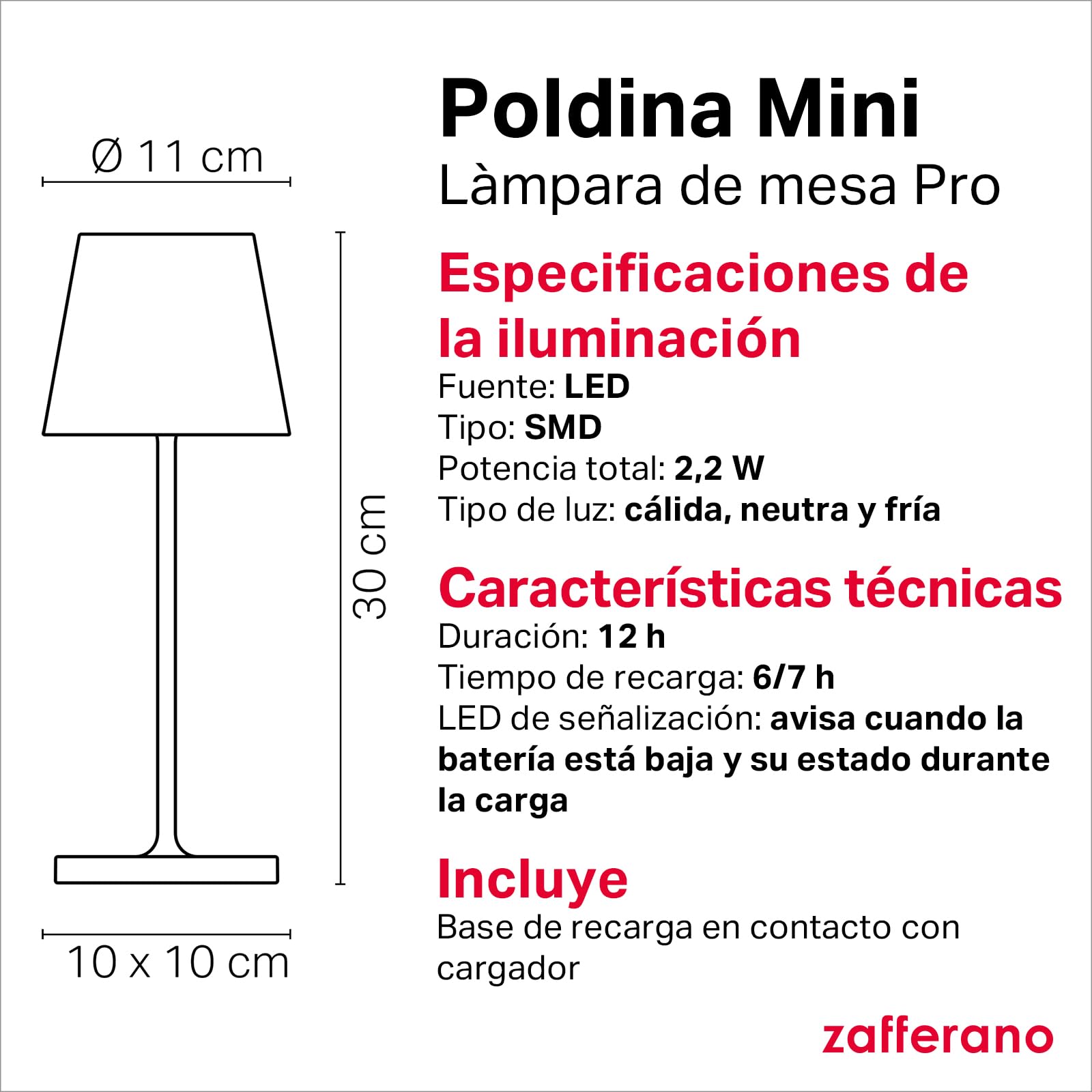 Zafferano, Poldina Pro Mini, Lámpara de Mesa Recargable e Inalámbrica con Control Táctil, También Adecuada como Lámpara de Exterior, Atenuador, 2200-3000 K, Altura 30 cm, Color Blanco