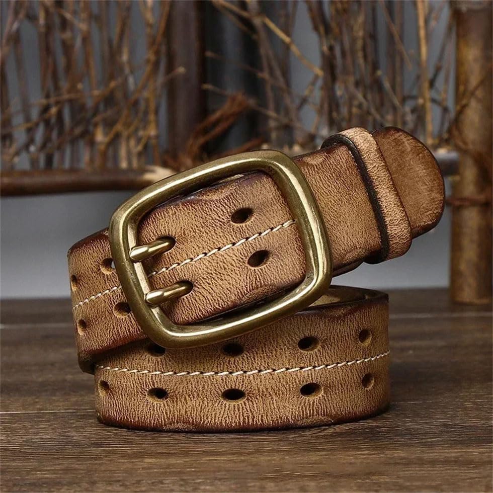 Men 3.8cm Leather Belt Copper Double Needle Pin Buckle Jeans Belt Leather Belt For All Seasons3
