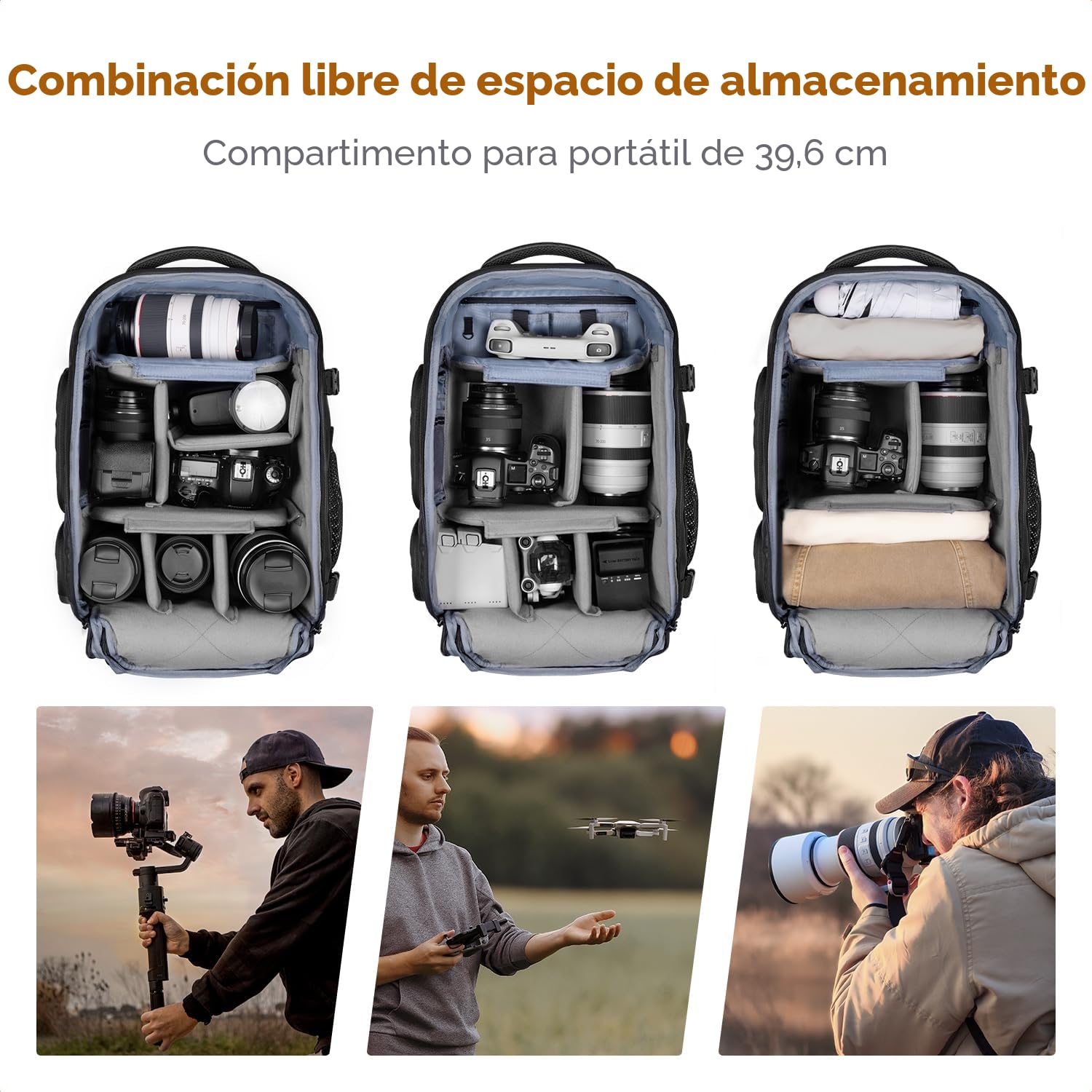 K&F Concept Mochila para cámara, bolsa de cámara de gran capacidad de 25 L para fotógrafos con protector de lluvia y compartimento para laptop de 15.6 pulgadas compatible con dron Canon/Nikon/Sony/DJI