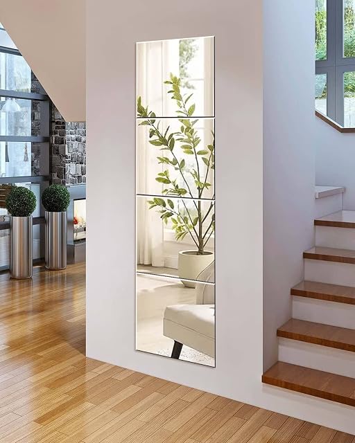 Sqinor Full Length Mirrors Long Wall Mirror Self Adhesive Mirror Tiles Glass 35x35 Stick On Mirrors for Bedroom, Living Room, Wardrobe Doors, Walls (Normal Grinding, 35x35cm, 4pcs)