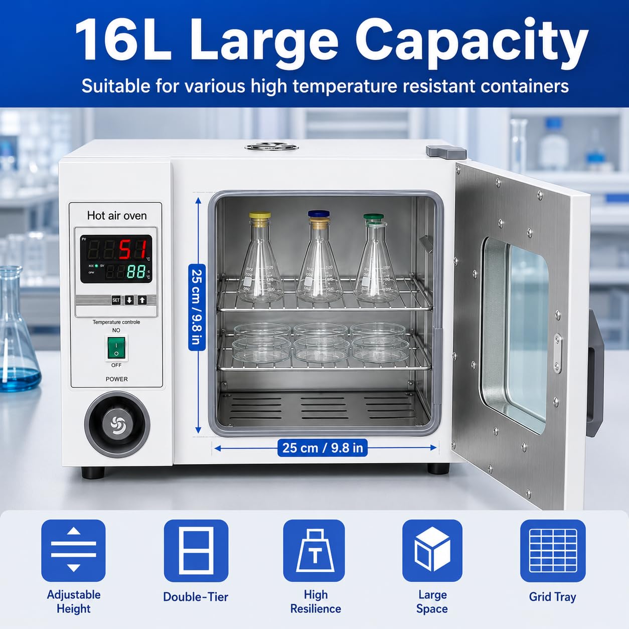 Horno de secado digital de laboratorio de 15 L, 250 °C con control de temporizador | Cámara de acero inoxidable, circulación de aire forzado y alarma de sobretemperatura