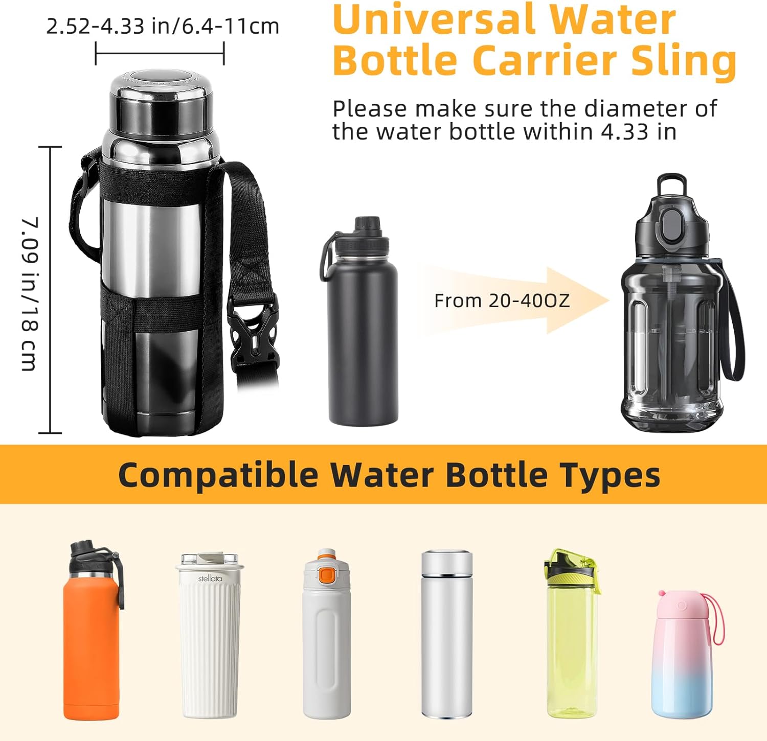 Nuovoware Water Bottle Holder with Strap, 2 Pack Elastic Bag for 20-40 OZ Bottle, Lightweight Carrier with Detachable Shoulder Strap for Walking Hiking Camping Fishing Traveling, Black+Black - Image 2