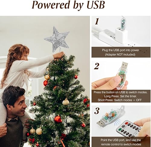Miniatura 5 de Lewondr Decoración para árbol de Navidad, control remoto alimentado por USB, temporizador de 6 horas, estrella de árbol controlada con luces y Plata