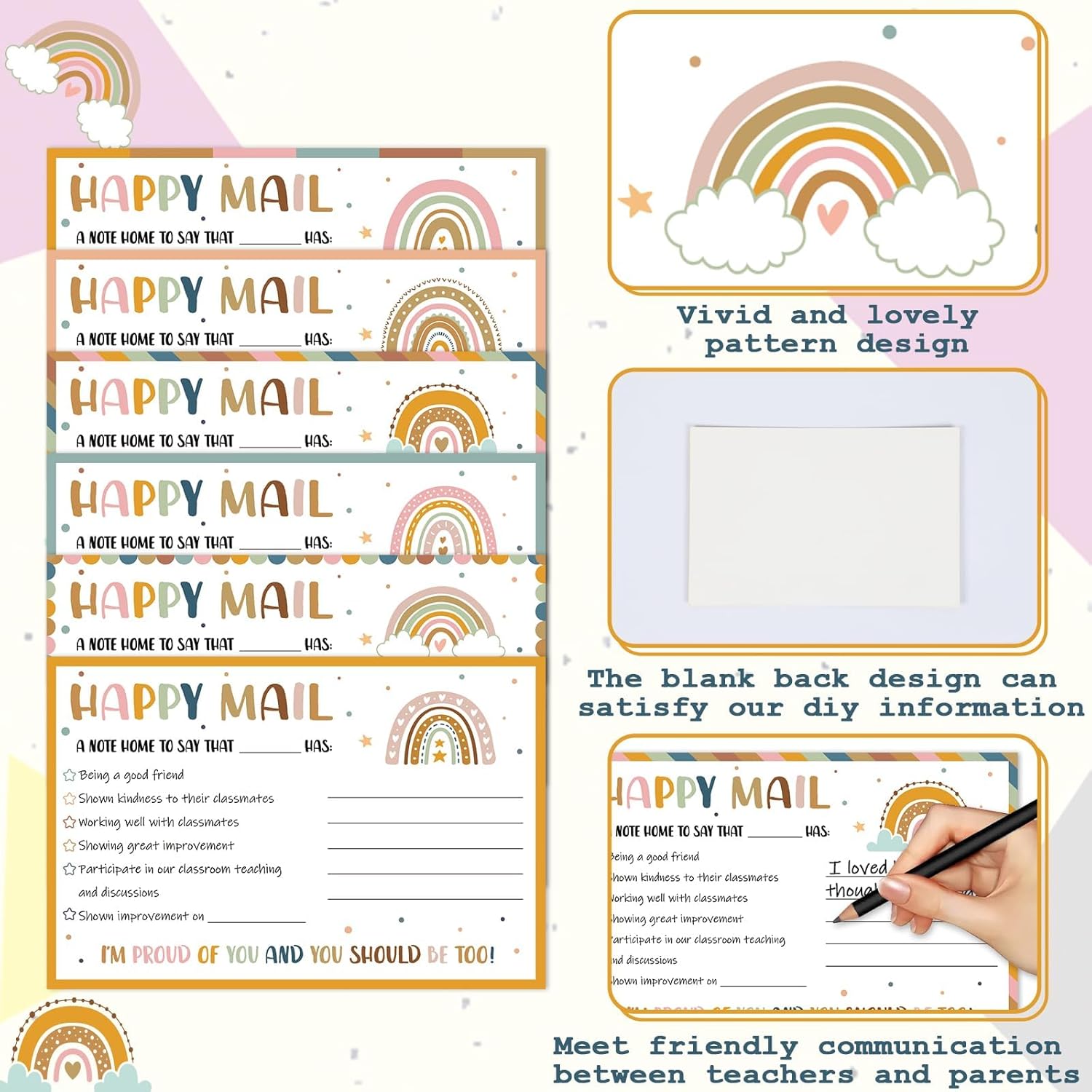 60 Pcs Teacher Mail Notes to Parents Boho Rainbow Teacher Supplies Mail Cards Good Behavior Incentive Motivational Cards Positive Card to Send Home for Class Preschool Kindergarten Elementary