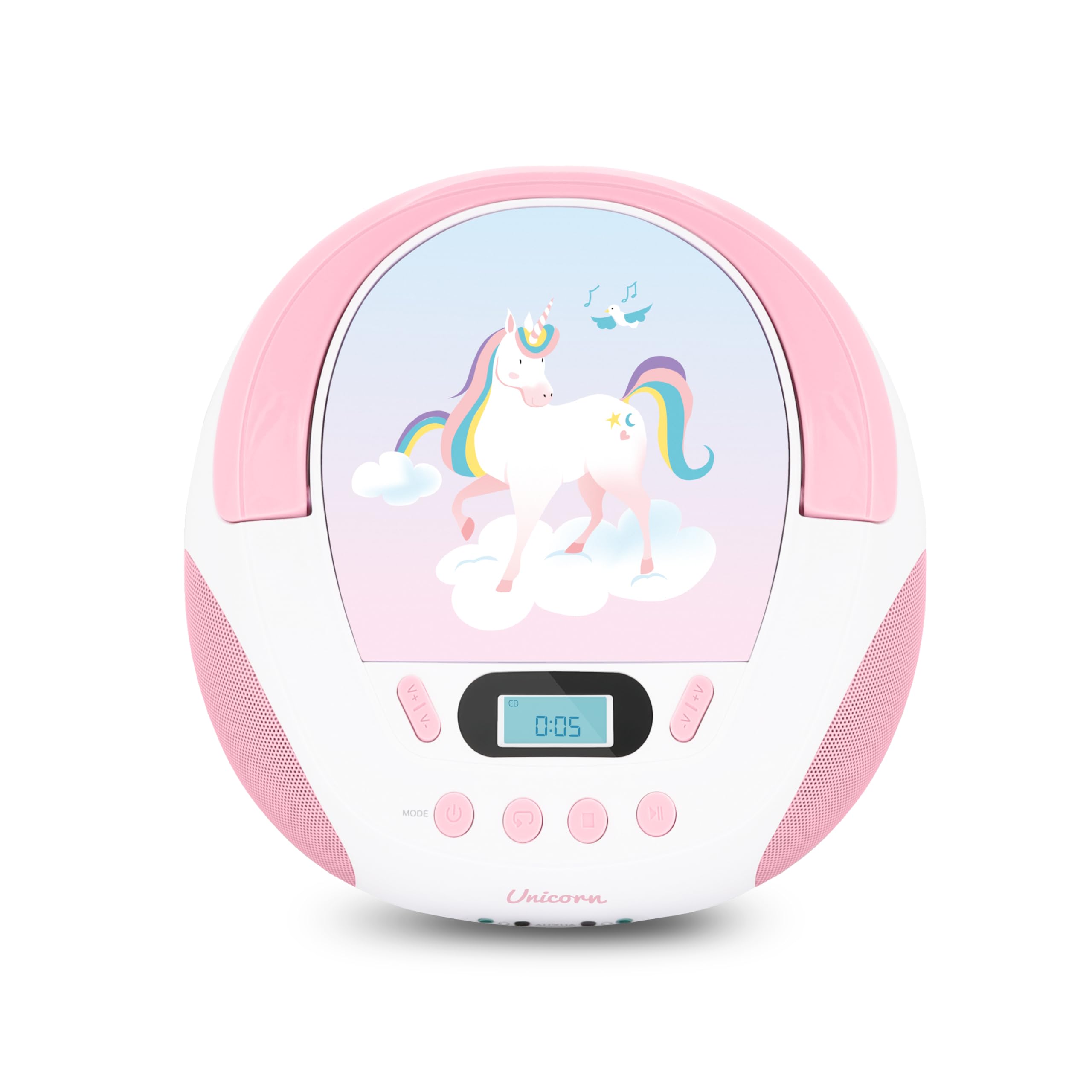 Mooov 477407 - Reproductor de CD portátil, Lector CD Audio CD-R/CD-RW, Puerto USB para MP3, Sonido estéreo de 6W, asa ergonómica, Unicornio