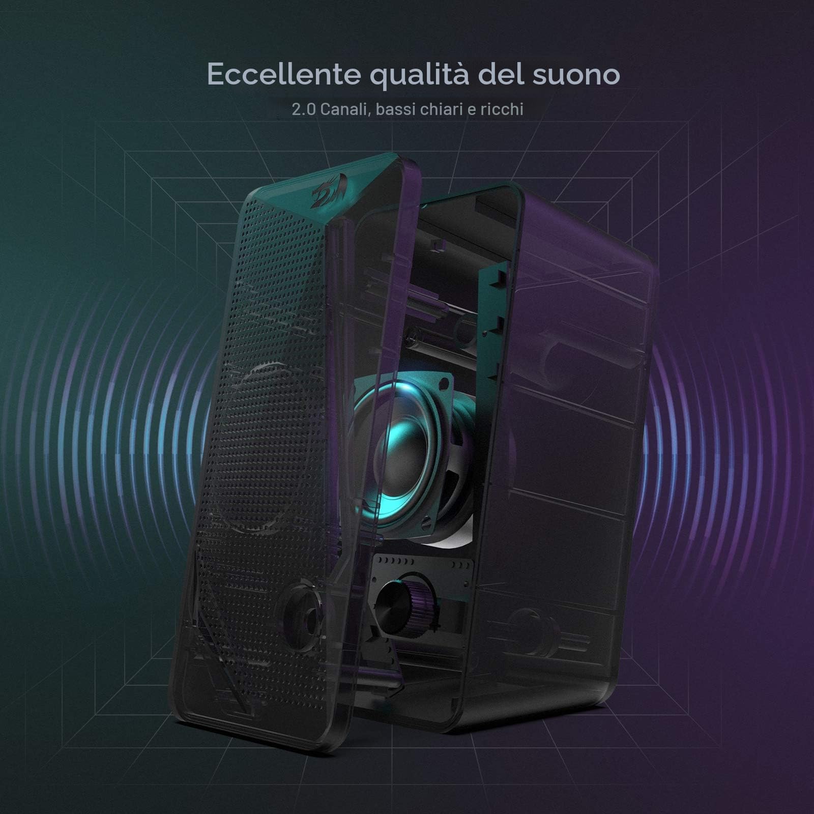 Redragon GS510 Waltz - Altoparlante da scrivania RGB a 2.0 canali stereo con retroilluminazione a LED, bassi migliorati e controllo del volume facilmente accessibile, con USB e cavo da 3,5 mm