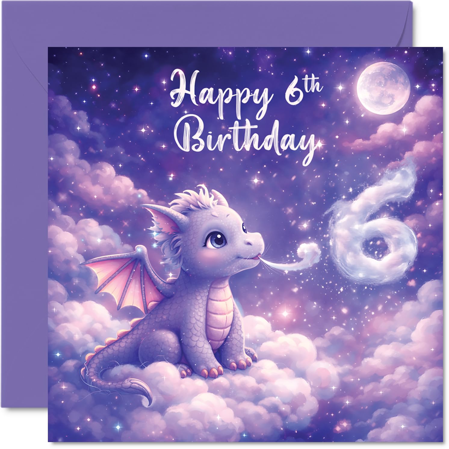 Cute 6th Birthday Card - Magical Birthday Fun - Whimsical Dragon Perched on Fluffy Clouds with a Pop of Colour - Sure to Charm Any Little Dreamer - 145mm Square, Envelope Included