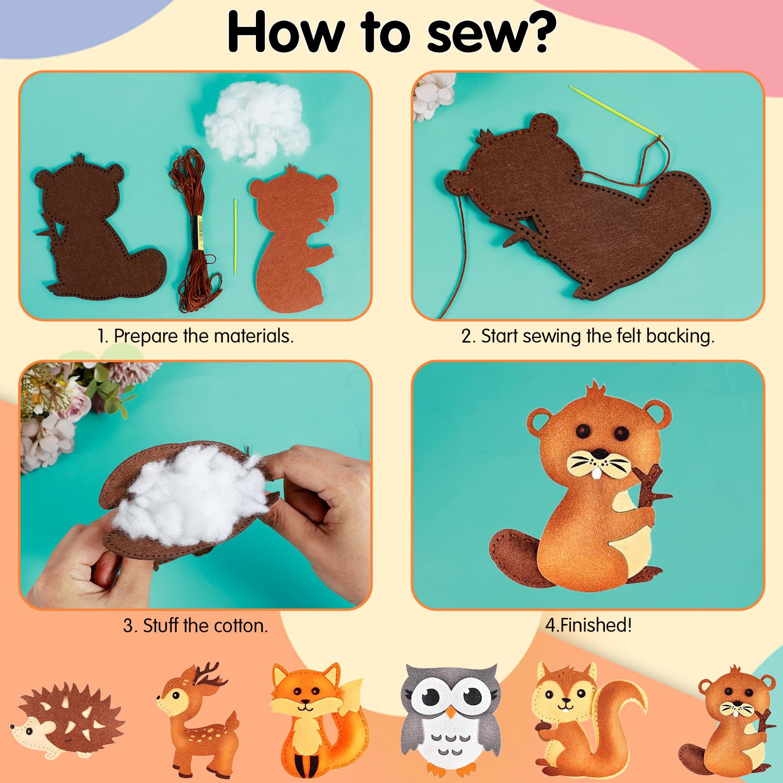Kit da cucito in feltro da 6 pezzi, per bambini, animali della foresta/bosco, divertente fai da te, ornamenti educativi fai da te per cucito, simpatiche bambole in feltro di volpe, regalo per