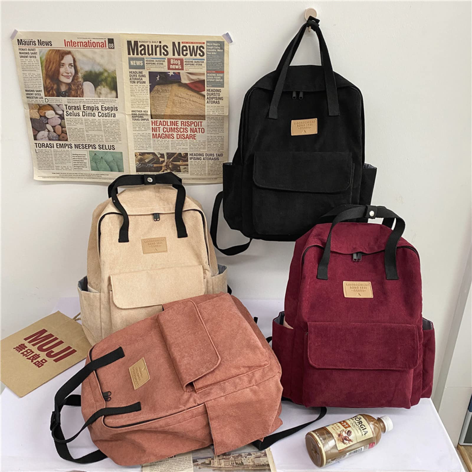 Niedliche Damen Cord Rucksack weibliche einfarbig gestreifte Schultasche College Student Rucksack Mädchen Reisetasche Handtasche