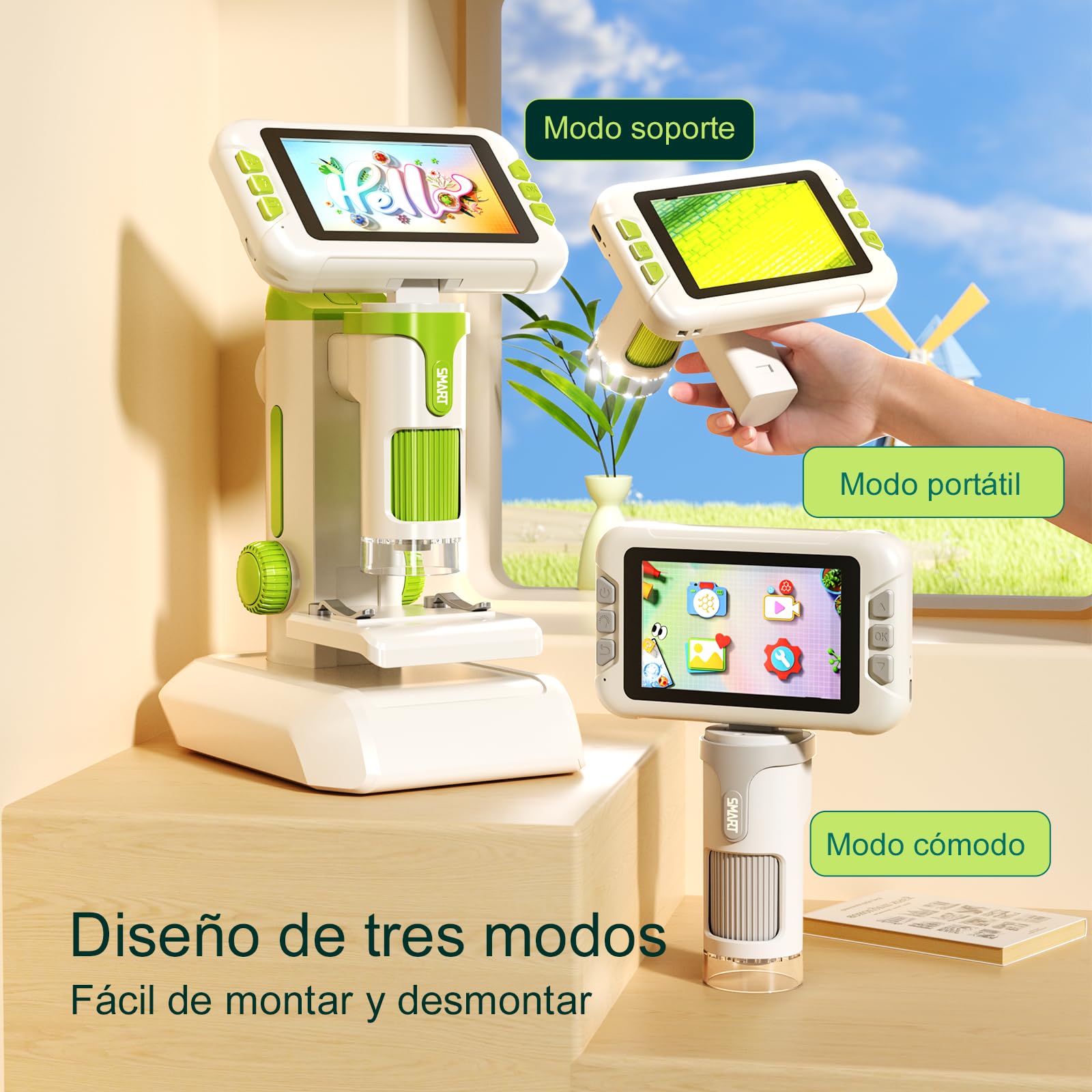 PYRDOUM Microscopio para Niños Aumento 1600X, 4" LCD Microscopio Portátil Niños, Microscopios Digital Infantil con Tarjeta de Memoria de 32G, Fotos y Videos, Función Portátil y Fija