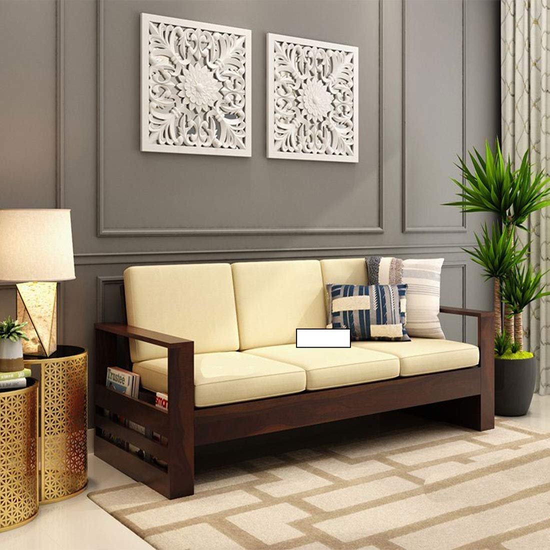 Teak Wood Sofa Set - 3 Seater for Home Living Room with Mattress, Walnut Brown Finish-image-39