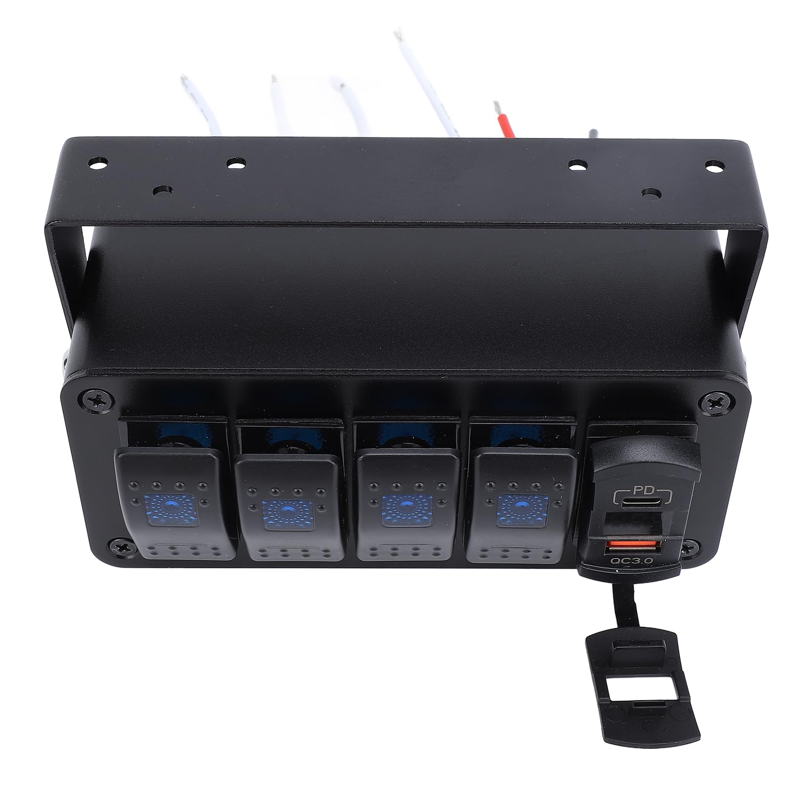 4 Gang Rocker Switch Box 4 Gang Rocker Switch Panel Aluminiowy Panel Przełączników Kołyskowych 12V 24V 20A Wodoodporny z ładowarką USB PD Type C QC 3.0 Woltomierz LED do (niebieskie